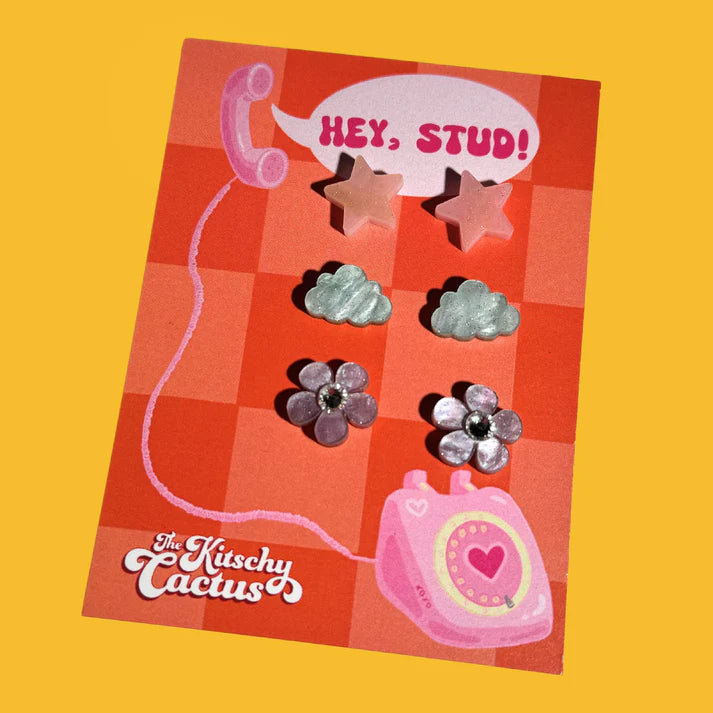 Hey, Stud #4 Earrings - Stylish Silver Stud Earrings for Women, Trendy Punk Fashion Jewelry Gift - Perfect for Parties, Concerts & Everyday Wear