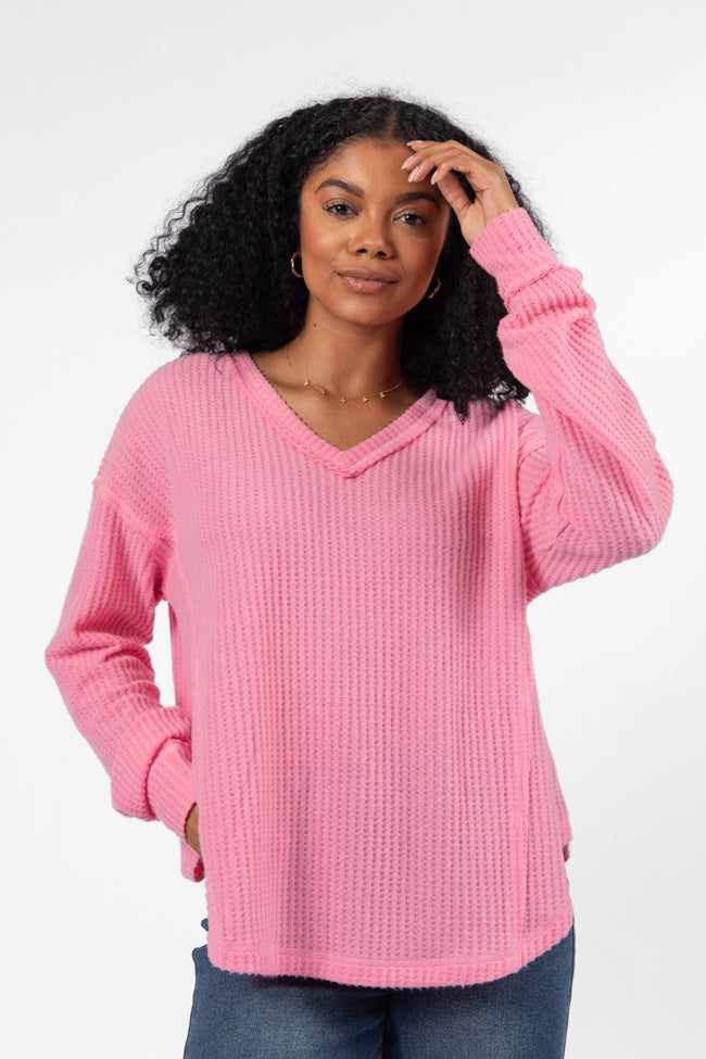Idle Hands Pink Waffle Knit V-Neck Oversized Sweater Top for Women | Cozy Casual Wear | Perfect for Fall & Winter Outfits, Date Nights and Lounge