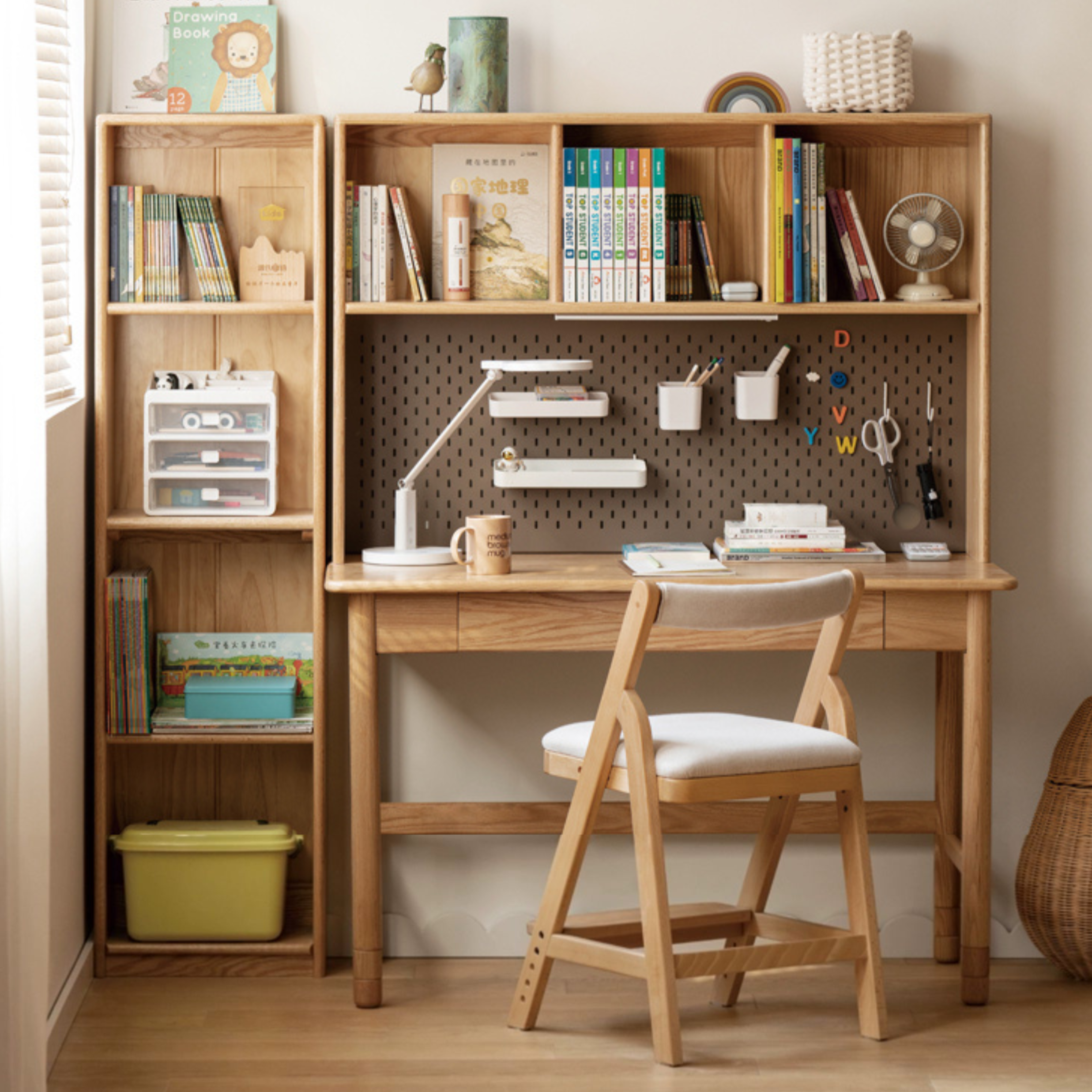 Solid Oak Wood Adjustable Height Kids Study Desk with Bookshelf - Perfect for Homework, Reading & Organizing in Bedroom or Playroom