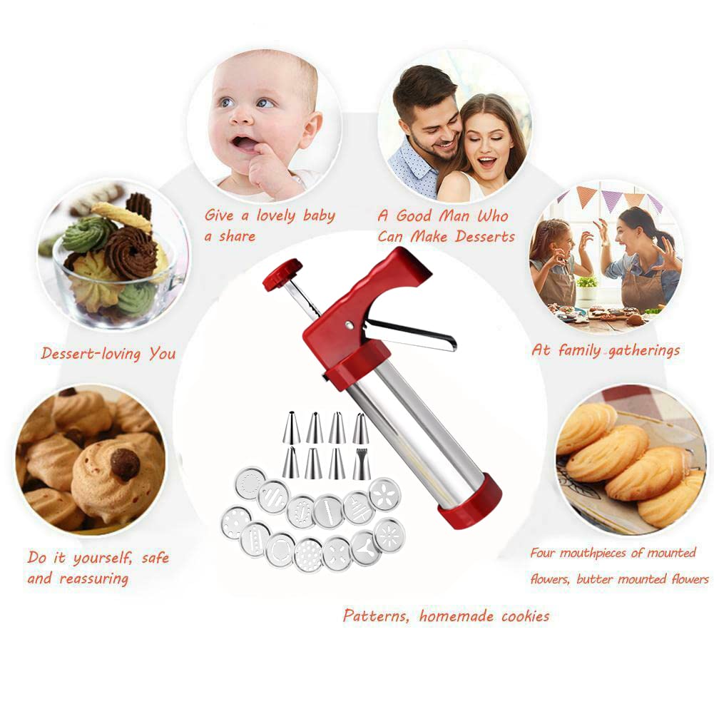 Stainless Steel Cookie Press Gun - 13 Decorative Stencil Discs & 8 Icing Tips for Baking Spritz Cookies | Deluxe Cookie Maker (8.7 Inch) - Perfect for Holiday Baking, Party Treats & Homemade Desserts
