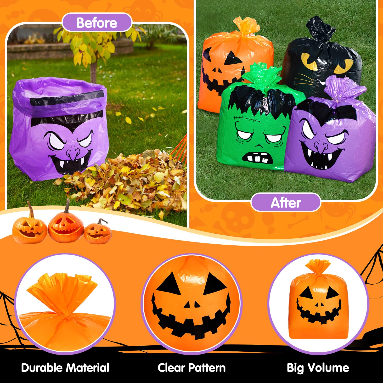 Qilery 8-Pack Large Halloween Pumpkin Leaf Bags - Heavy Duty Plastic Lawn Bags with Twist Ties for Fall Yard Waste, Reusable Halloween Trash Bags & Party Decorations - Perfect for Halloween Decor, Garden Cleanup, and Outdoor Autumn Celebrations