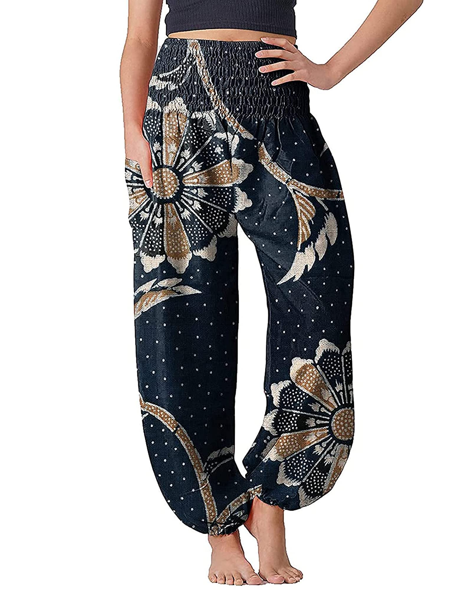 Siliteelon Women's High Waist Yoga Pants - Floral Print Boho Pants, Comfy Stretchy Joggers for Yoga, Workout & Lounge Wear - Plus Size Available