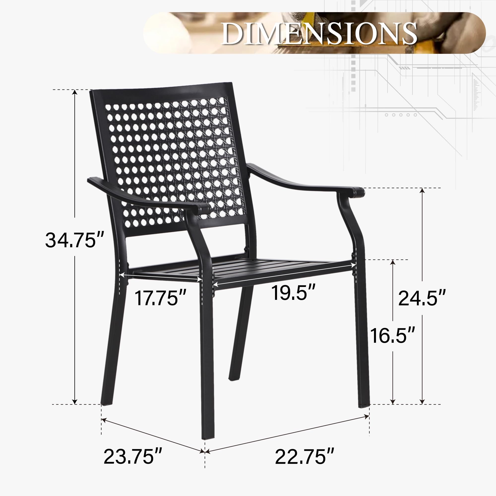 PHI VILLA 2-Piece Black Metal Stackable Patio Dining Chairs Set with Armrests - Heavy Duty Wrought Iron Frame Outdoor Chairs for Garden, Backyard, Lawn - Supports 300 lbs - Perfect for Outdoor Dining, Poolside Relaxation & Entertaining Guests