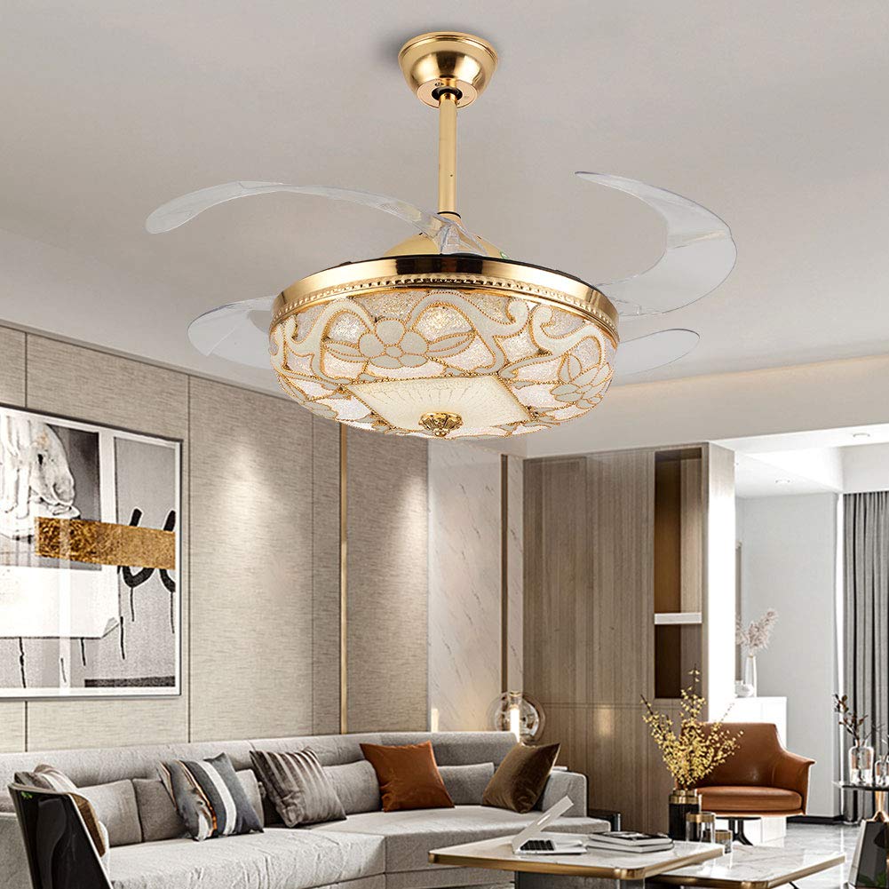 42 Inch Retractable Fan Chandelier - Modern Ceiling Fan with Floral Pattern, 3 Color & 3 Speed, Remote Control - Perfect for Kitchen, Dining Room, Living Room & Bedroom - Stylish Cooling & Lighting Solution for Home Decor
