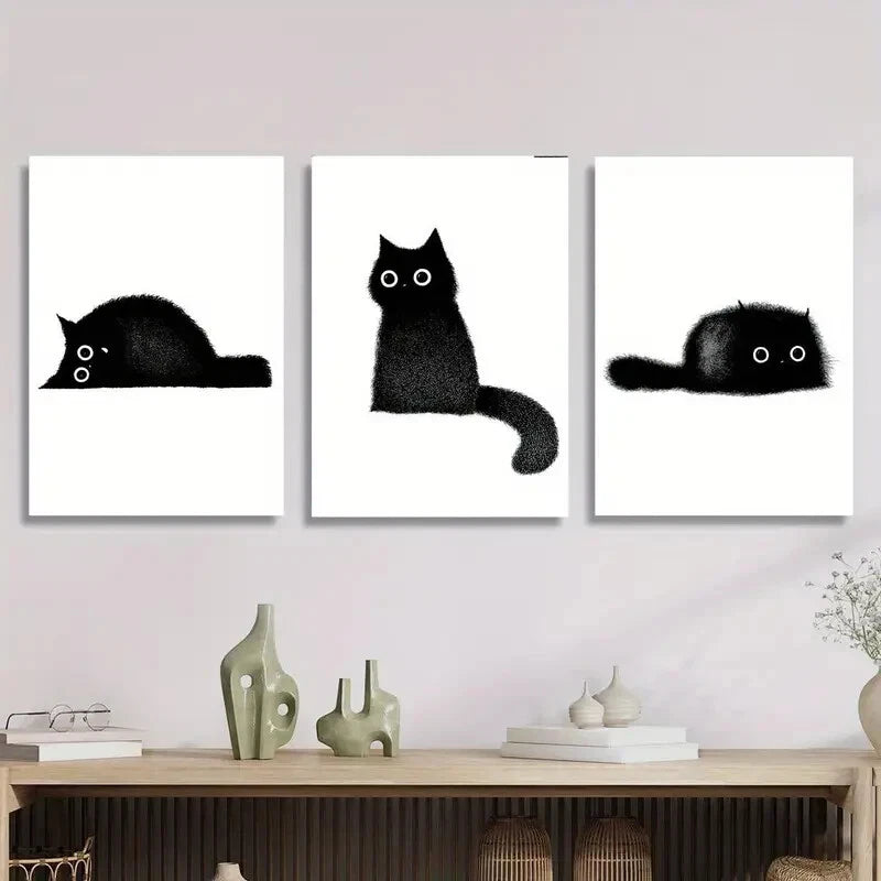 3pcs Cute Black Cat Metal Wall Art Prints - Ready to Hang Home Decor for Living Room, Bedroom & Office - Perfect Gift for Cat Lovers
