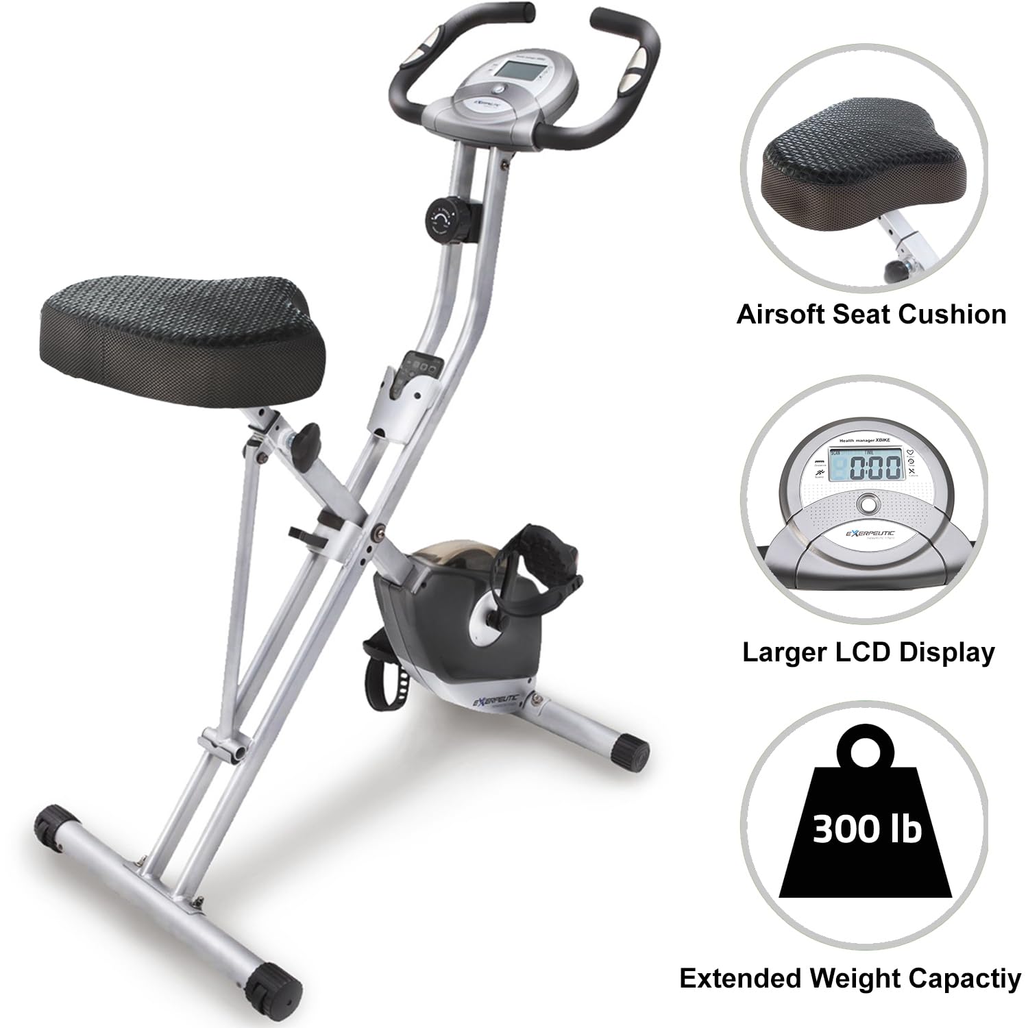 Exerpeutic Foldable Exercise Bike with 8 Resistance Levels - Stationary Bike with Airsoft Seat & LCD Display for Tracking Distance, Calories, Time, Speed - Perfect for Home Gym, Cardio Workouts & Small Spaces