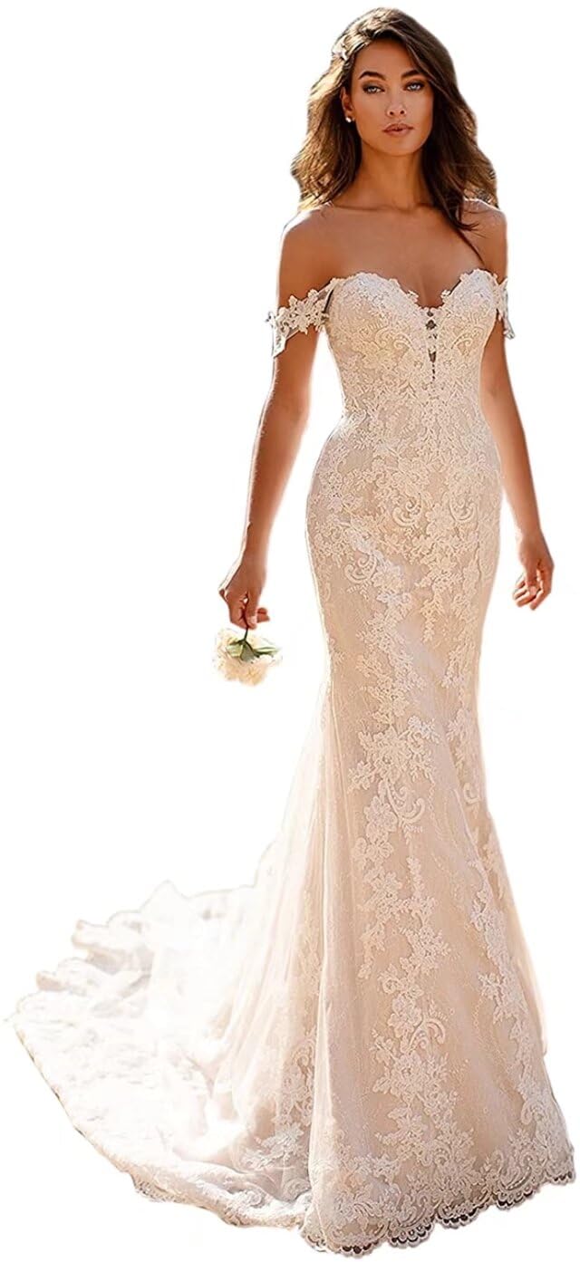 Elegant Off Shoulder Mermaid Wedding Dress with Lace Details - 2024 Bridal Gown for Beach, Church & Outdoor Ceremonies