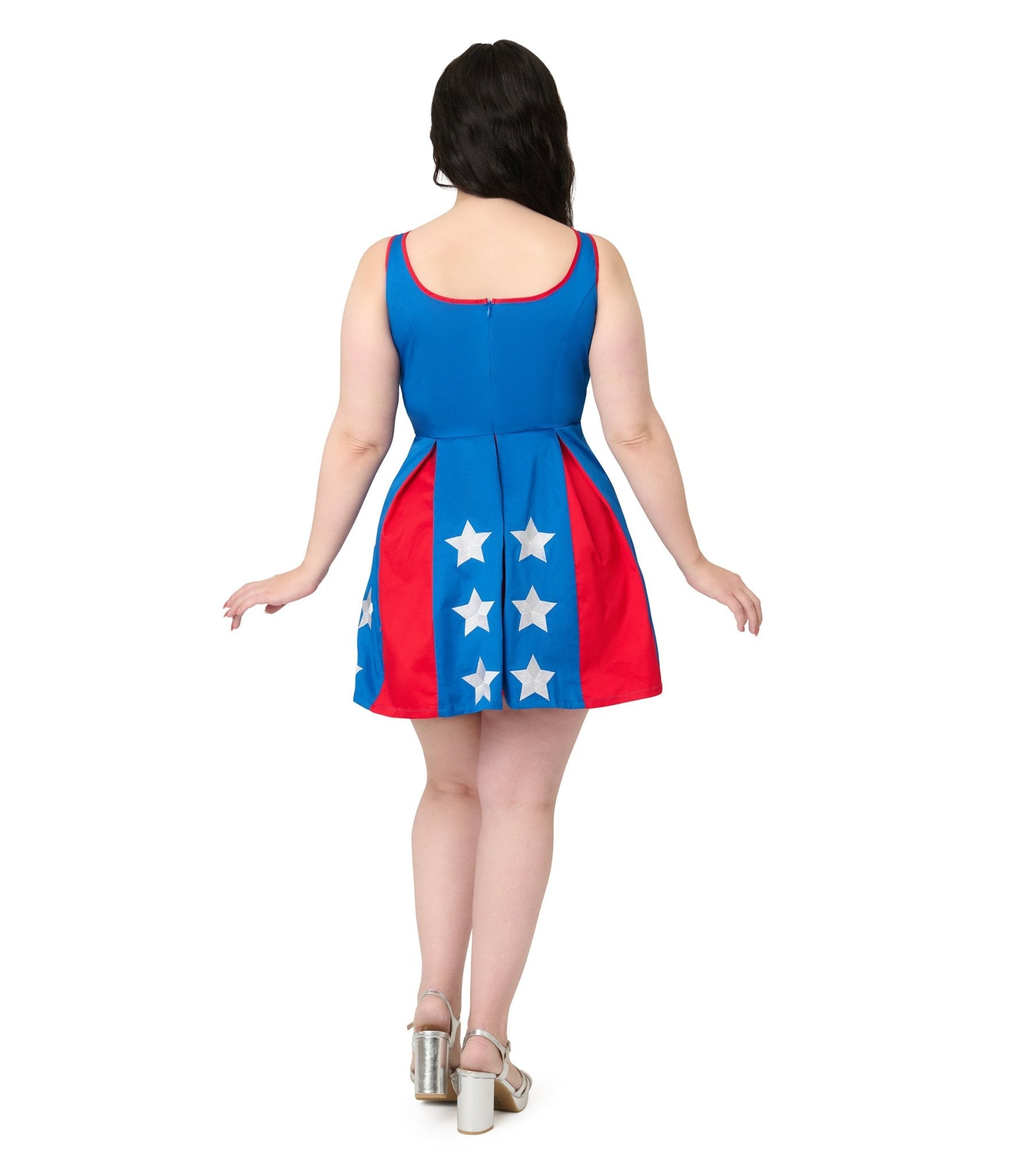 Smak Parlour Plus Size Red, Blue & White Star Print Pleated Skirted Romper Jumpsuit - Casual Summer Outfit for Women, Perfect for Beach, Party & Vacation Wear