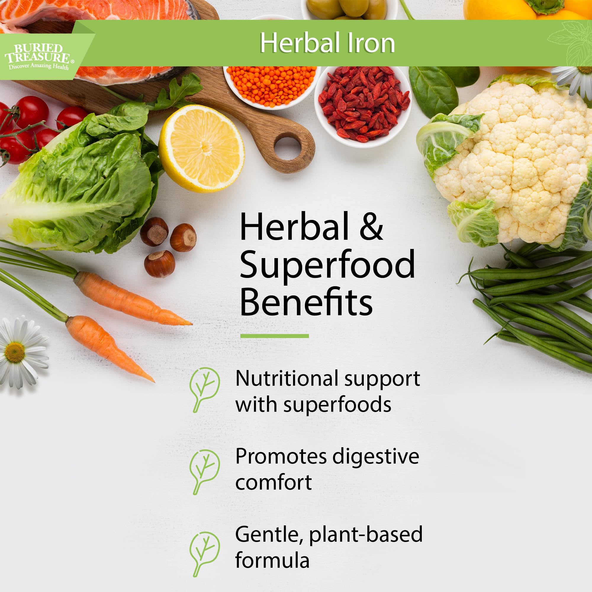 Buried Treasure Herbal Iron - 48 Servings | Liquid Iron Supplement with Vitamin C & B Complex | Vegan Iron for Men & Women | Supports Energy & Immunity | Great for Active Lifestyles & Vegetarian Diets