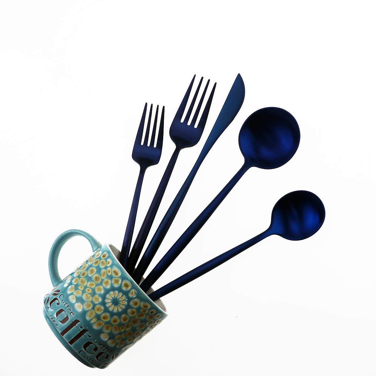 Matte Blue Gugrida 5-Piece 18/10 Stainless Steel Silverware Set - Satin Finish Flatware for Kitchen, Dining & Travel | Dishwasher Safe Cutlery for Camping, Office, School Lunch & Everyday Use