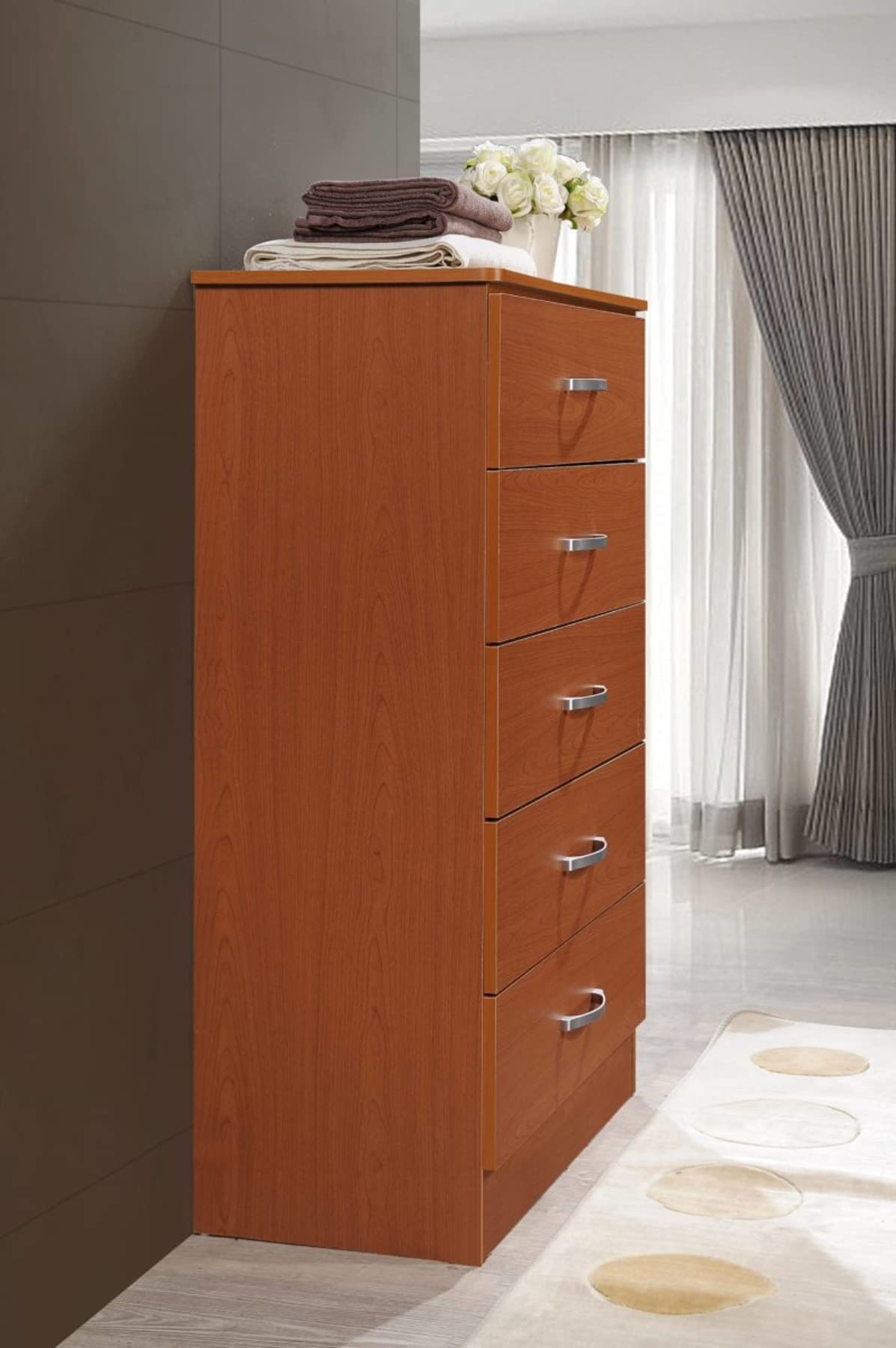 HODEDAH 5-Drawer Wood Dresser - Cherry Finish, 47.8x31.8