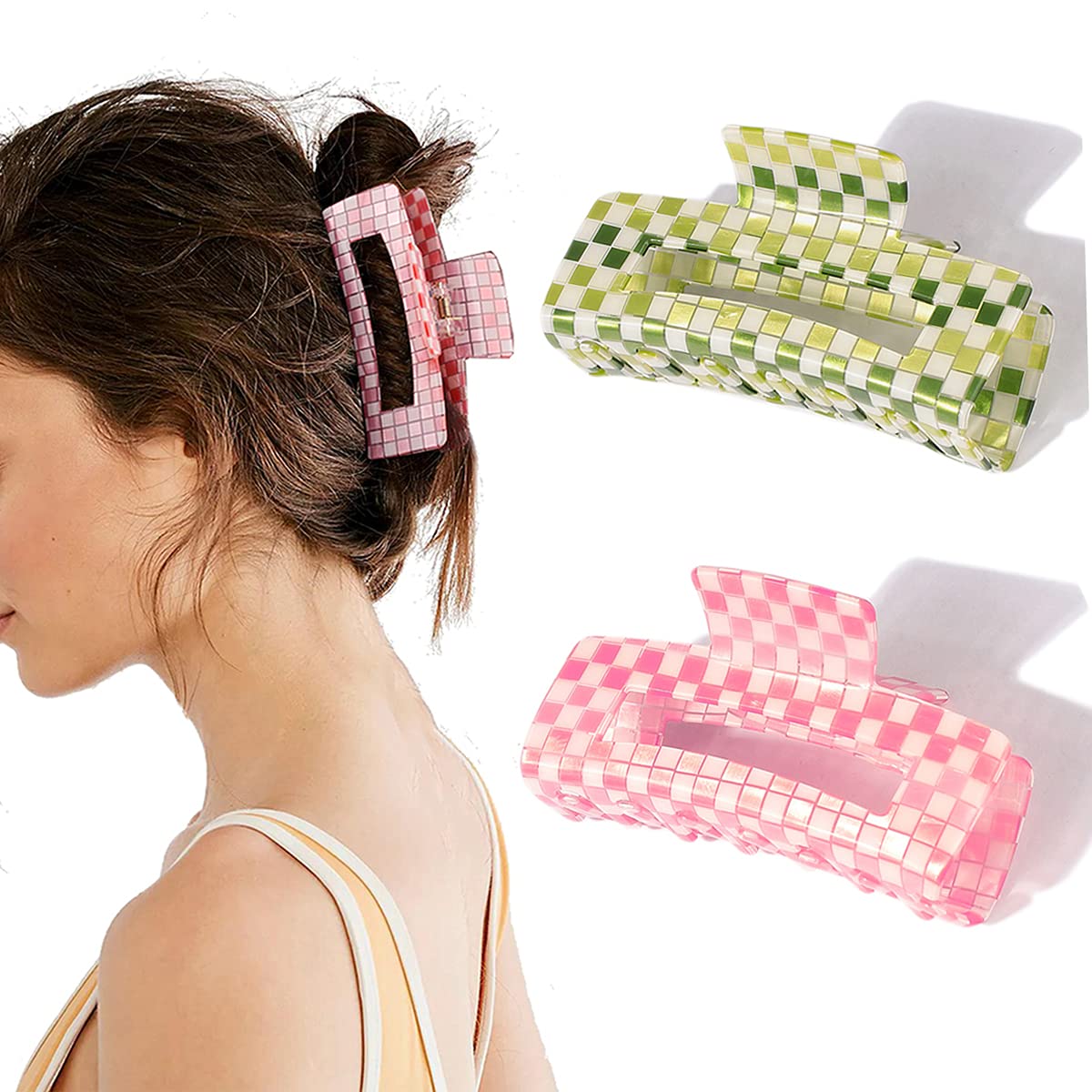 Large Checkered Claw Hair Clips for Thick Hair - 2pcs 4 Inch Rectangle Y2K Fashion Hair Accessories in Pink Green Checkerboard | Perfect for School, Parties and Everyday Styling