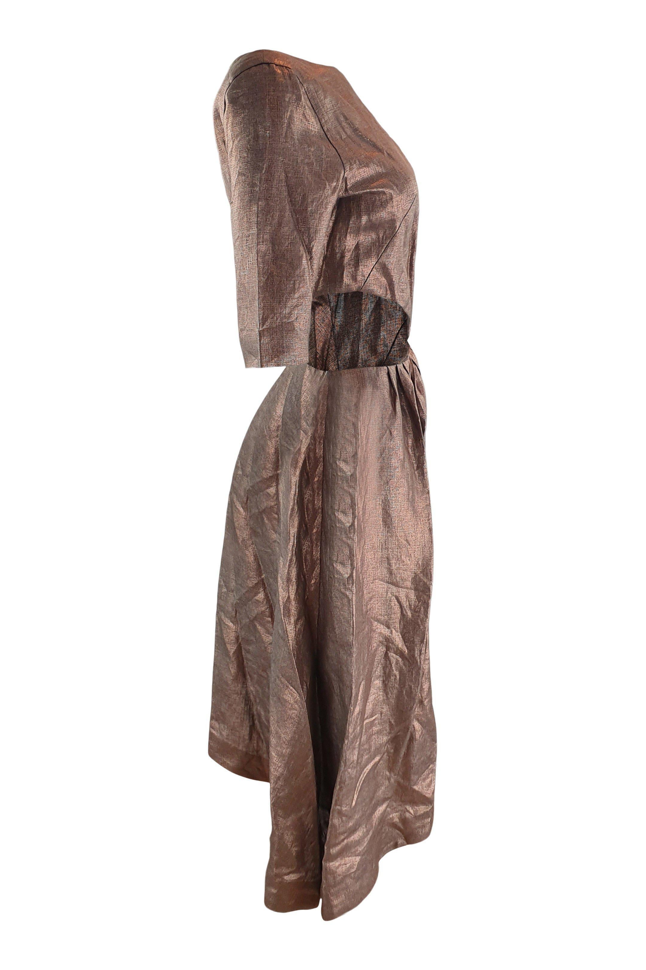 ISA ARFEN Bronze 3/4 Sleeve Cut Out Linen Dress for Women | UK Size 8 | Summer Boho Chic Outfit for Beach Vacation & Date Night