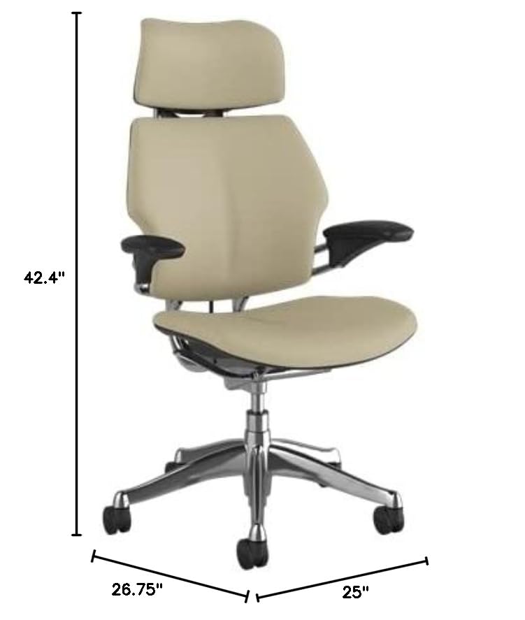 Humanscale Freedom Ergonomic Office Chair with Headrest - Adjustable Height & Duron Arms - Hard Floor Wheels - Polished Aluminum Frame & Mineral Corvara Leather - Perfect for Home Office, Executive Workspace & Long Working Hours