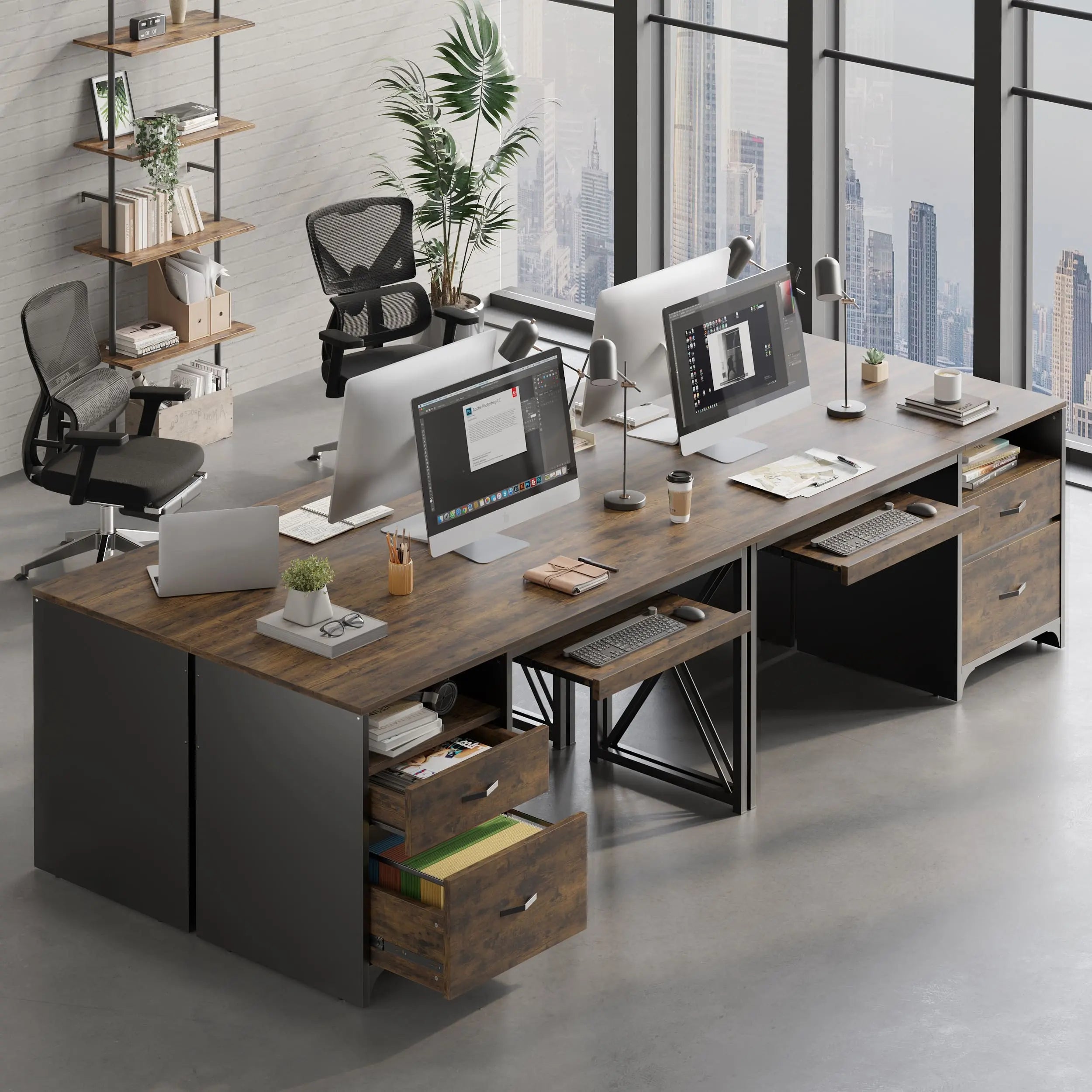 Bestier 55 Inch Industrial Office Computer Desk with Storage Shelf - Modern L-Shaped Writing Desk for Home Office, Gaming & Study - Sturdy Metal Frame Workstation with Drawers & Open Storage Space