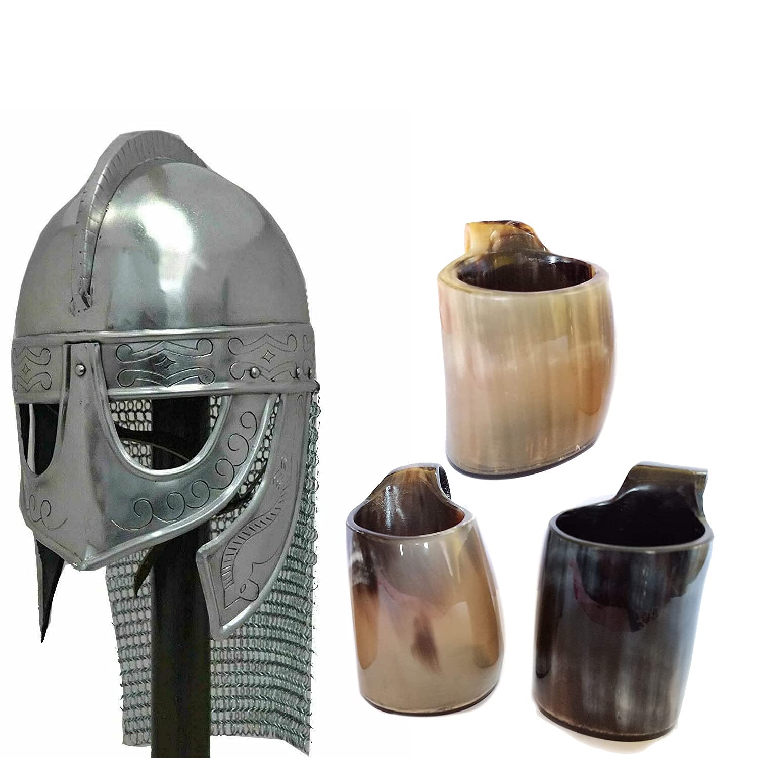 AnNafi® Handcrafted Viking Wolf Armor Helmet - Silver Finish Medieval Metal Knight Helmets for Adults | Viking Costume Accessories | Perfect for LARP, Cosplay, Renaissance Faires & Medieval Reenactments | Set Includes 3 Whiskey Shot Glasses & Real Horn Mug Cup