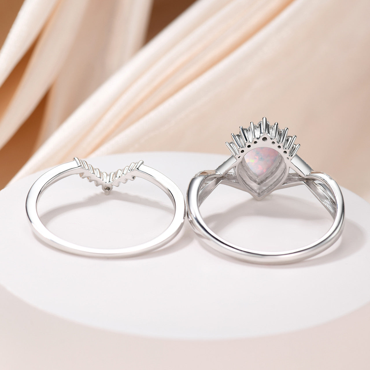 Vintage Opal Diamond Engagement Ring Set - 14K White Gold Pear Shaped Wedding Band for Women - Perfect for Proposals, Anniversaries & Bridal Jewelry