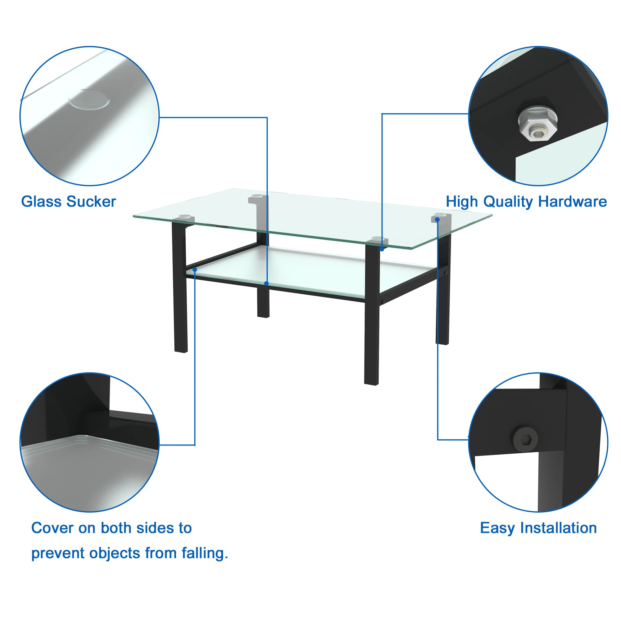 Modern Glass Coffee Table with Metal Legs - Tempered Glass Top Living Room & Bedroom Table - Stylish Black Meihua Living Room Table for Home Decor, Entertaining & Small Space Furniture