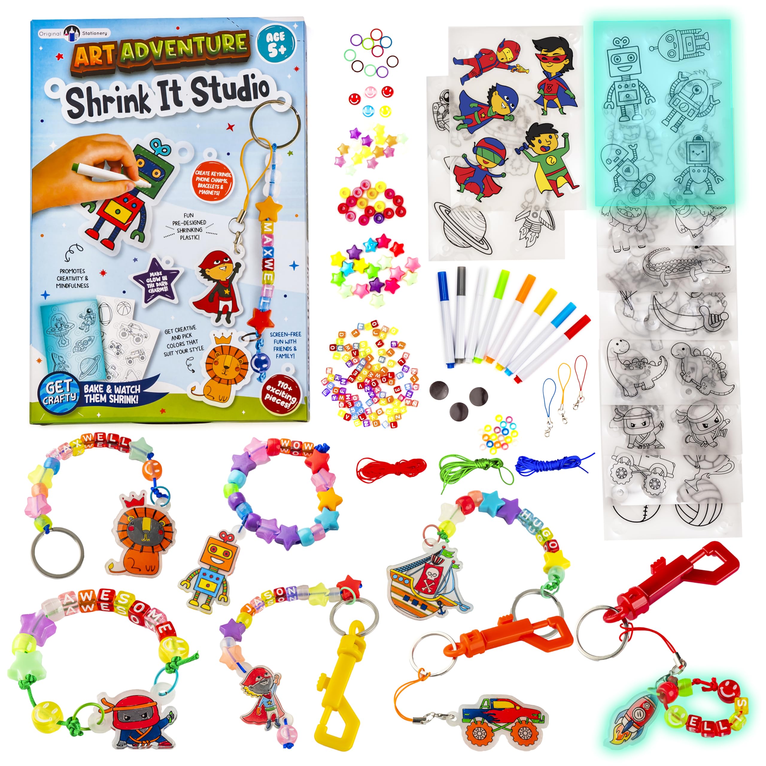 Original Stationery Art Adventure Shrink It Studio - DIY Keychain Maker Kit with 110+ Pieces for Kids & Boys to Create Custom Charms | Fun Shrink Art Craft Set for Birthday Gifts, Party Favors & Creative Playtime