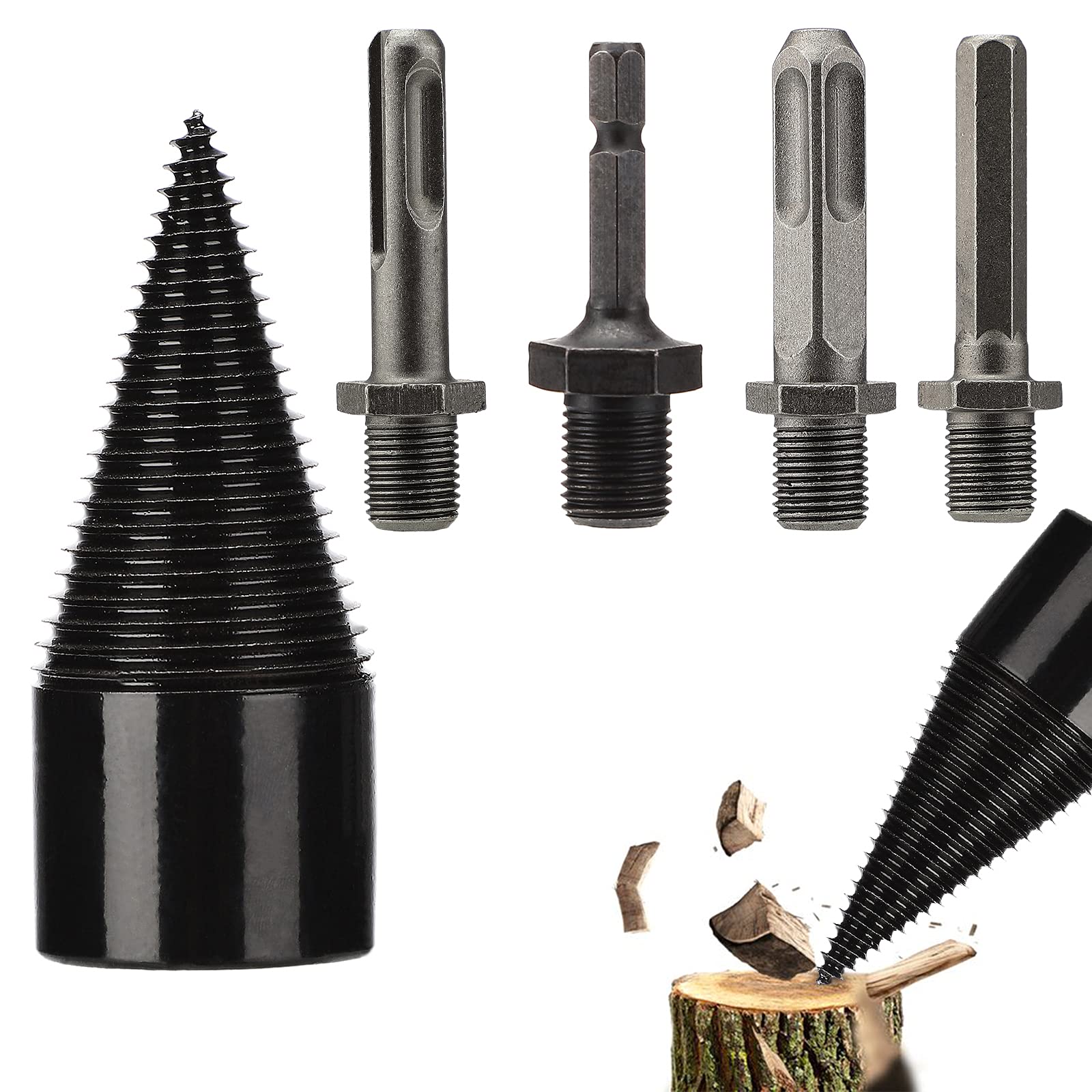 4Pcs Firewood Log Splitter Drill Bit Set - 42mm Wood Splitting Cone Bits with Hex, Square & Round Shanks - Removable Screw Cone Driver for Hand Drills - Perfect for Firewood Processing, DIY Woodworking & Outdoor Camping