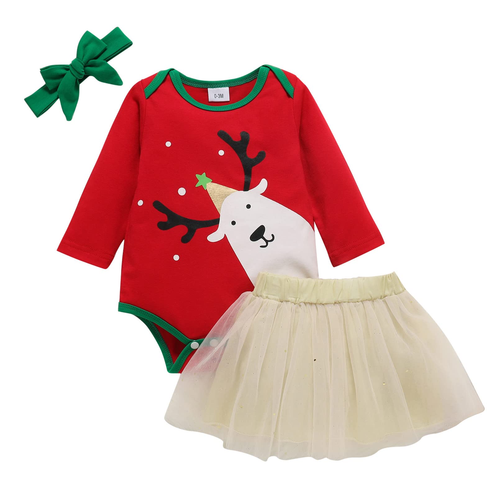 Baby Girls Christmas Outfit - 2-Piece Deer Print Romper & Tulle Skirt Set | Infant Holiday Party Dress | Xmas Photo Shoot, Family Gathering, Newborn Celebration