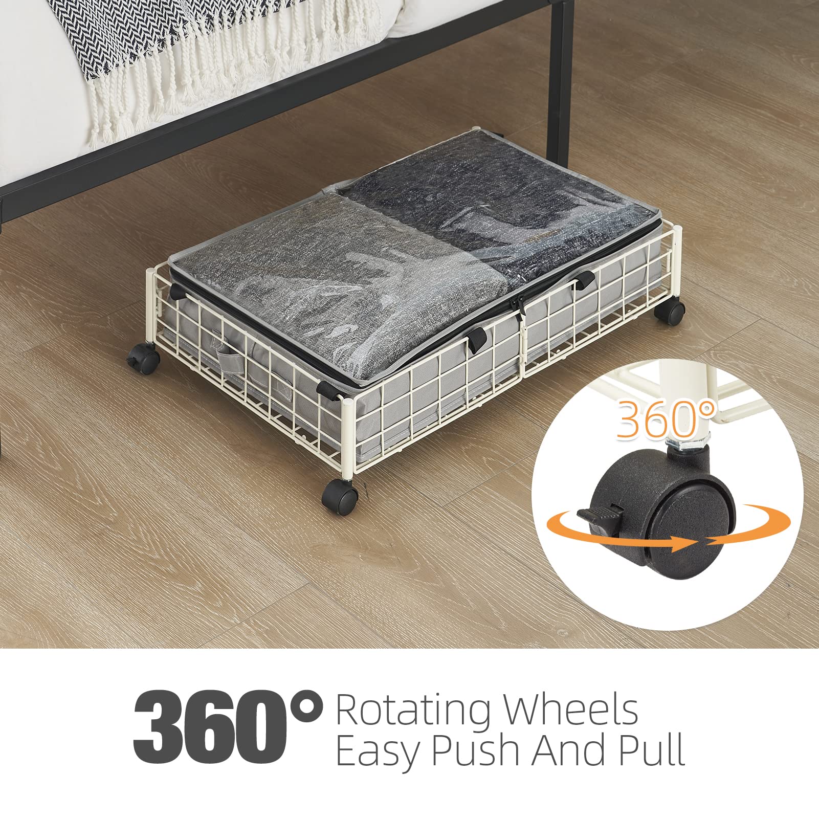 GARVEE 2-Pack Rolling Under Bed Storage Bins with Wheels - Foldable Fabric Organizer for Clothes, Shoes, Blankets & Seasonal Items - Space Saving Bedroom Storage Solution (White) - Perfect for Small Apartments, Dorms & Closet Organization
