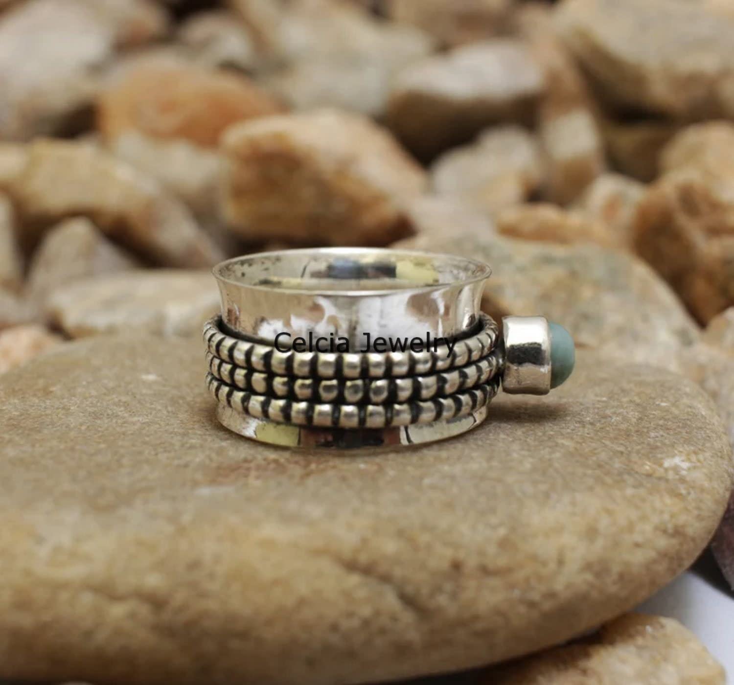 Larimar Gemstone Silver Spinner Ring - Handmade Fidget Anxiety Relief Ring for Stress & Meditation - Unique Spinning Jewelry Gift for Women & Men (Size 7) - Perfect for Office, Travel & Mindfulness Practice