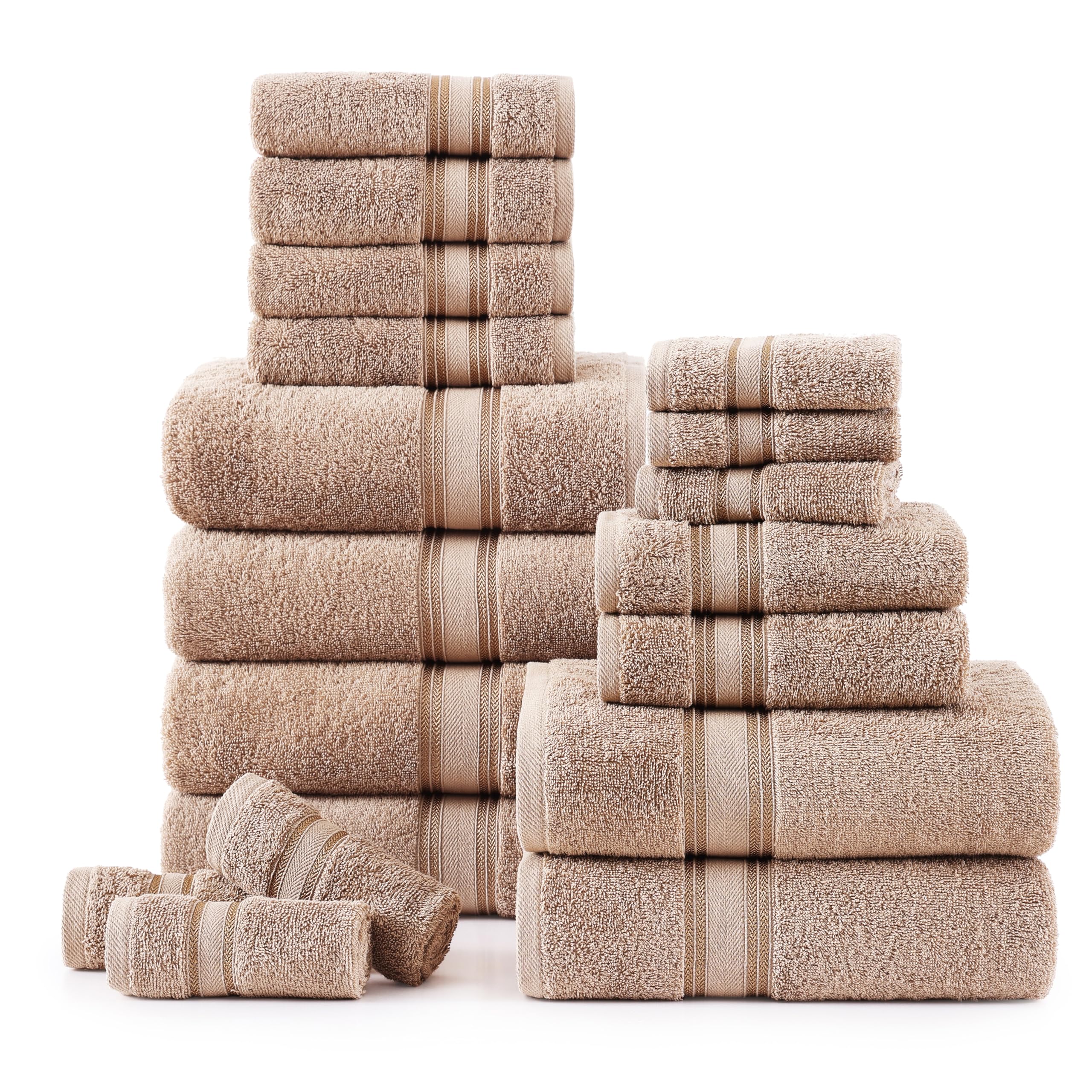Premium 18-Piece Bath Towel Set - 100% Cotton Super Absorbent Hotel Quality Bathroom Towels (6 Bath, 6 Hand, 6 Washcloths) - Taupe - Luxury Spa & Guest Bathroom Essentials for Home & Hotels