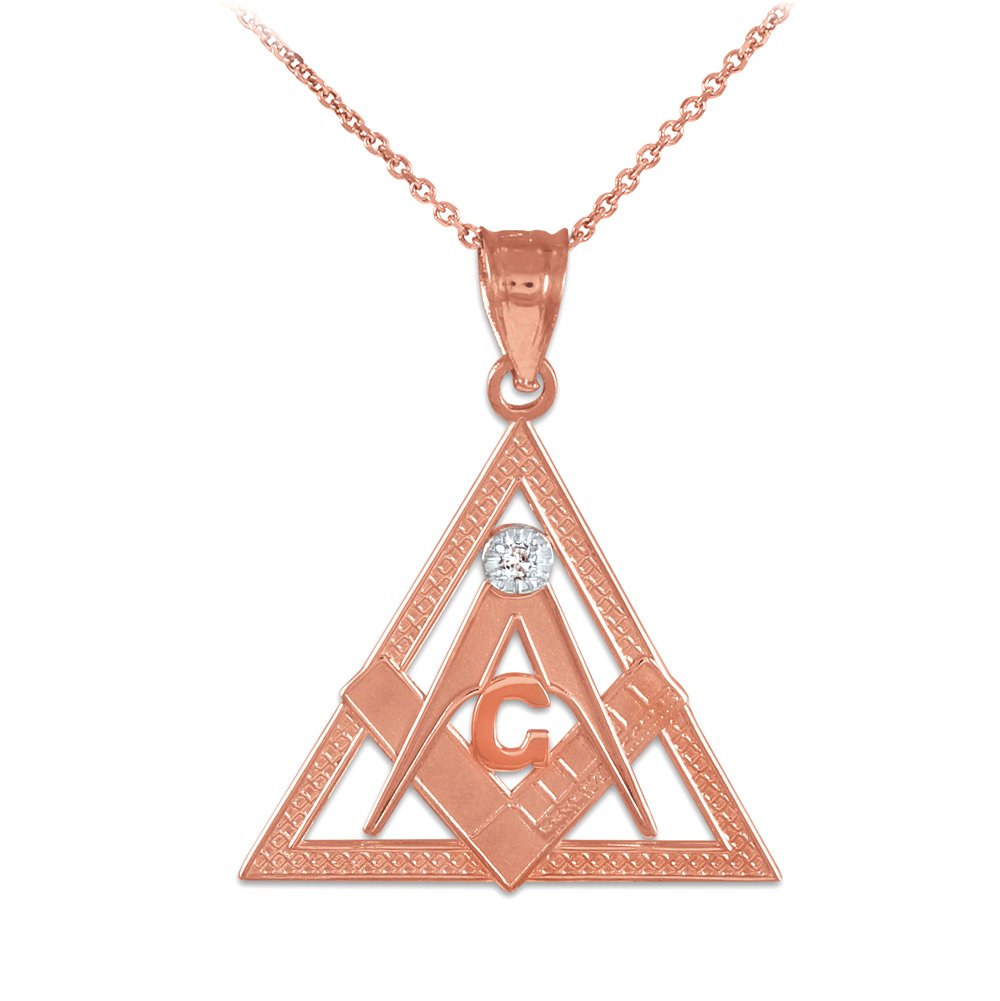 14K Two-Tone Rose Gold Triangle Freemason Diamond Masonic Pendant Necklace for Men - Freemasonry Jewelry Gift for Brotherhood, Lodge Members & Occasions