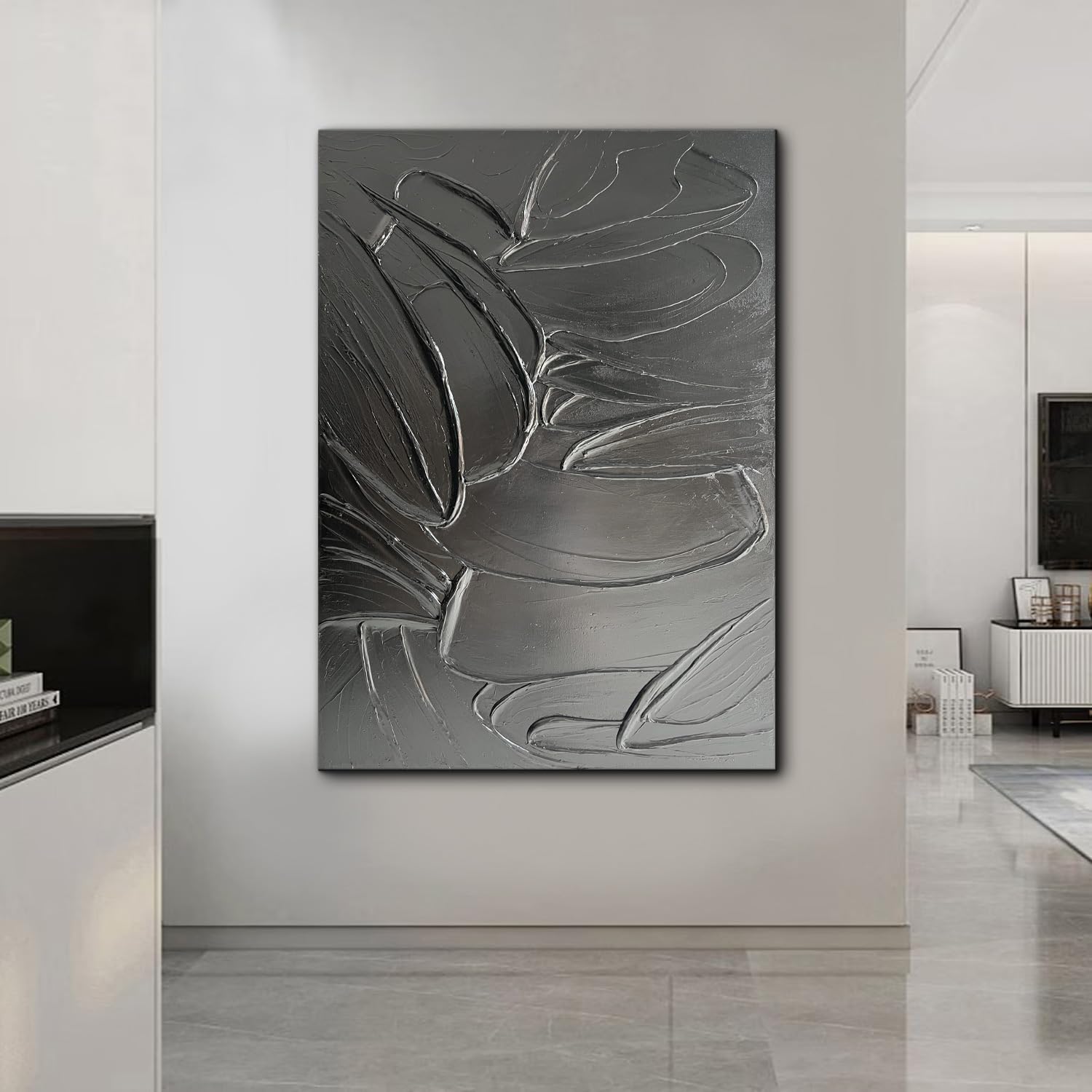 Hand-Painted Thick Texture Black Canvas Wall Art - Modern Minimalist Abstract Oil Painting for Home & Office Decor (28x40 Inches) - Perfect for Living Room, Bedroom or Gallery Wall Display