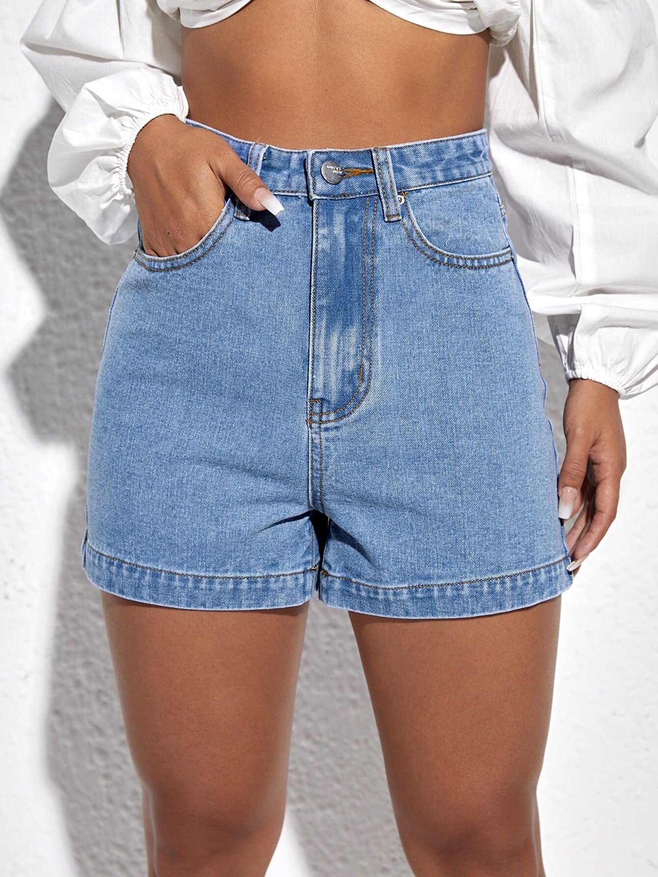 MQQYLBHDS Women's Ripped Denim Shorts - Straight Leg Slant Pocket Jean Shorts with Roll Hem | Light Wash (Size M) | Perfect for Summer Outfits, Casual Wear & Beach Vacations