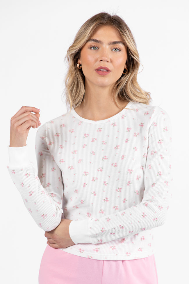 Lazy Floral Ivory and Pink Floral Print Waffle Layering Top | Women's Casual Blouse | Perfect for Spring Outfits & Boho Style