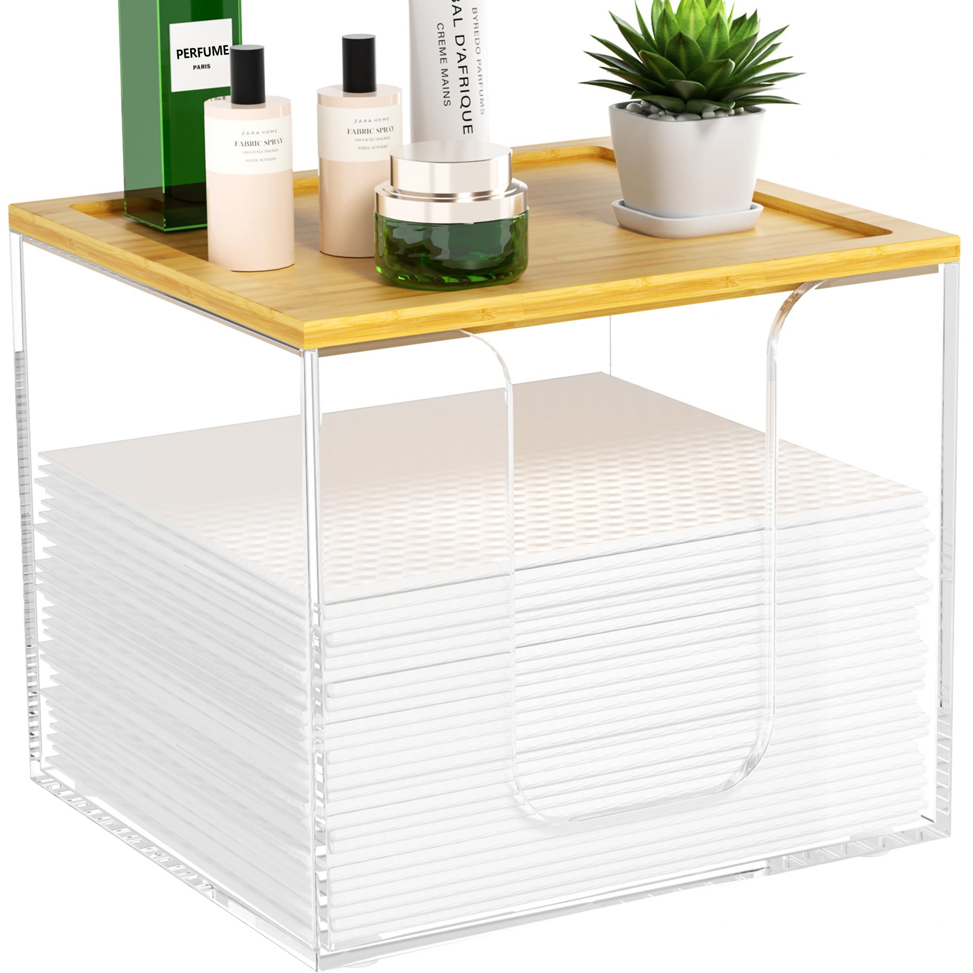 VITVITI Disposable Face Towel Holder Box - Acrylic Facial Tissue Container for XL Clean Skin Club Towels | Large Storage with Bamboo Lid | Perfect for Bathroom Vanity, Makeup Organization & Spa Essentials