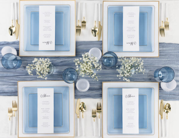 Blue Transparent and Gold Rim Square Plastic Plates (10 Pack) - Elegant Disposable Dinnerware for Parties, Weddings & Events - Durable & Stylish Tableware for Home, Restaurant & Catering Use