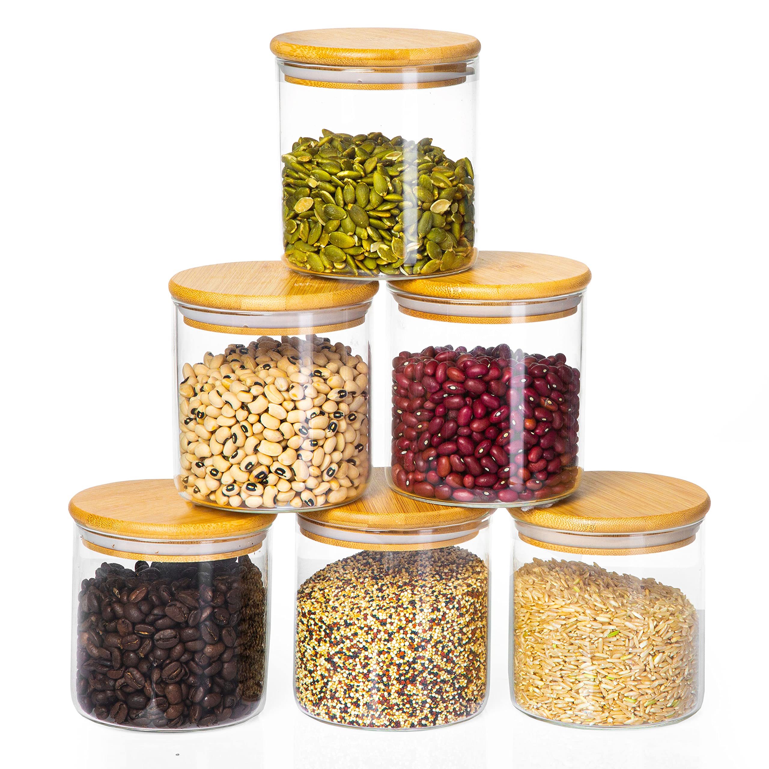 Crutello 6-Pack Glass Food Storage Containers with Bamboo Lids - 23oz Airtight Clear Kitchen Canisters for Flour, Sugar, Coffee | American Family-Owned Brand | Perfect for Pantry Organization & Meal Prep