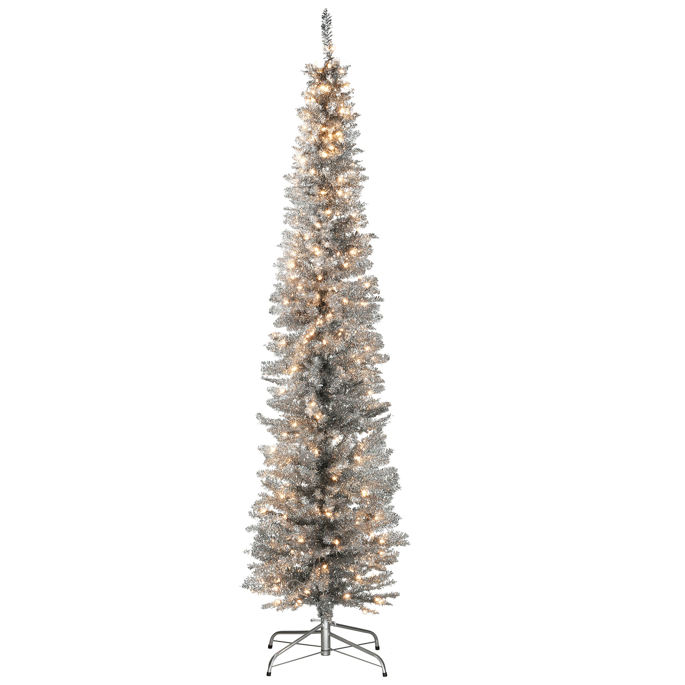 7 ft Pre-Lit Silver Tinsel Christmas Tree with 500 Clear LED Lights - Perfect for Holiday Home Decor, Office, and Party Decoration