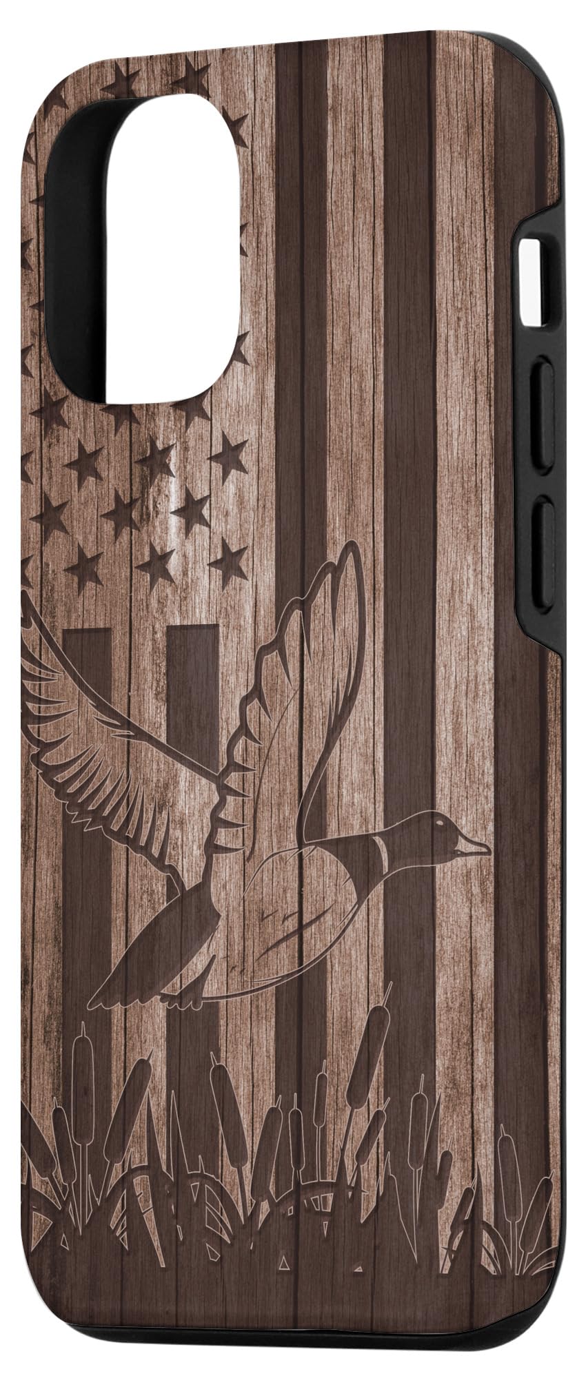 Patriotic iPhone 12/12 Pro Case - Wooden Duck Hunting Design with American Flag - Perfect Gift for Hunters & Outdoor Enthusiasts | Ideal for Hunting Trips, Outdoor Adventures & Patriotic Events