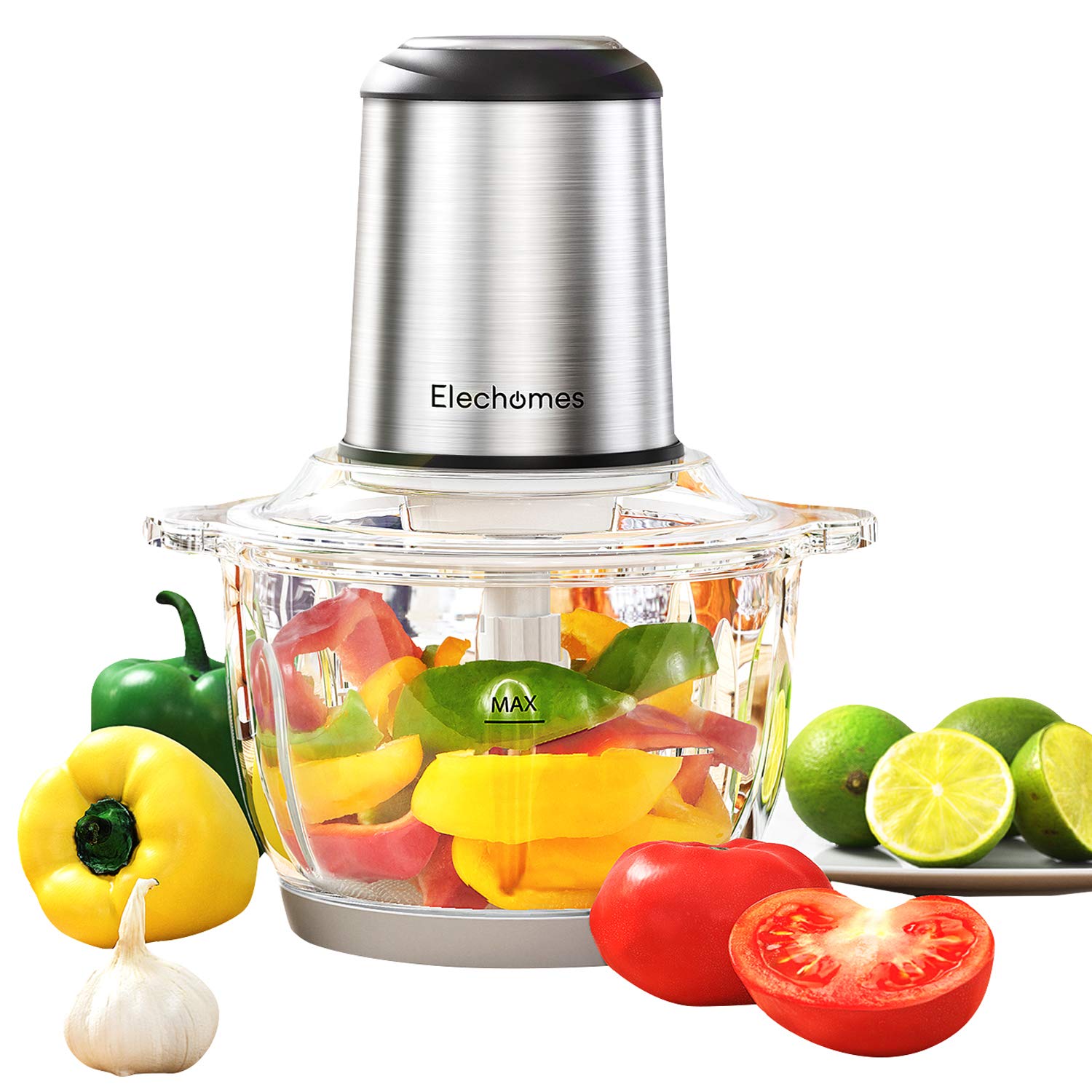 Elechomes 300W Electric Food Processor & Vegetable Chopper - 8-Cup High Capacity Blender Grinder for Meat, Onion, Nuts with 4 Detachable Dual Layer Stainless Steel Blades & BPA-Free Glass Bowl - Perfect for Meal Prep, Smoothies, and Kitchen Cooking