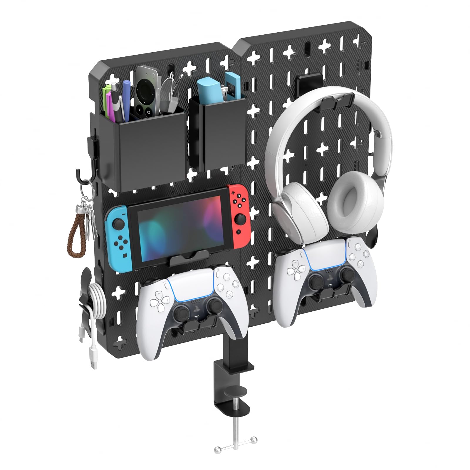 KDD 7-in-1 Clamp-On Desk Pegboard Organizer - No Drill Required, Includes Phone Stand, Pen Holder, Storage Box, Headset & Controller Holder, Hooks | Detachable Gaming & Office Accessories for Home & Workspace Organization | Perfect for Small Spaces, Gaming Setups & Home Office Desks