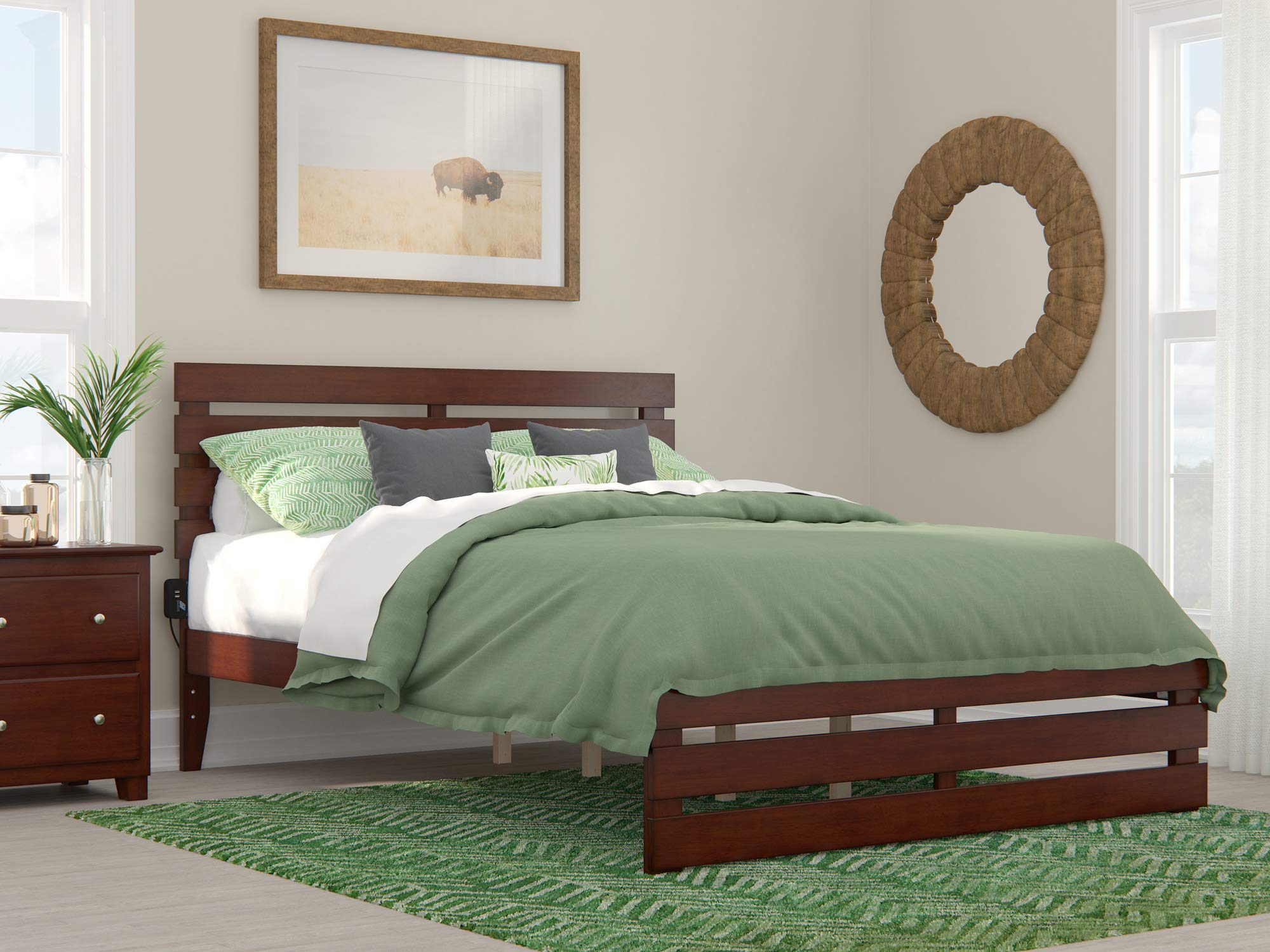 AFI Oxford Queen Size Platform Bed with Footboard & USB Charging Station - Solid Walnut Wood Frame for Modern Bedrooms - Perfect for Small Spaces & Guest Rooms