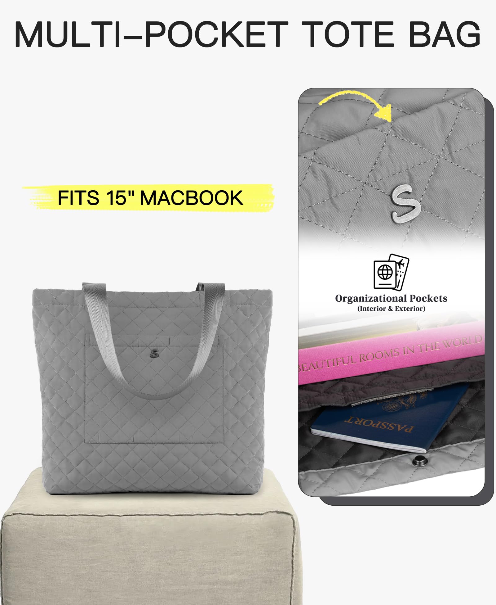 SATINSAINT Large Quilted Tote Bag for Women - Lightweight Travel, Work, Gym & Casual Carry-All - Perfect for Business Trips, Shopping & Everyday Use