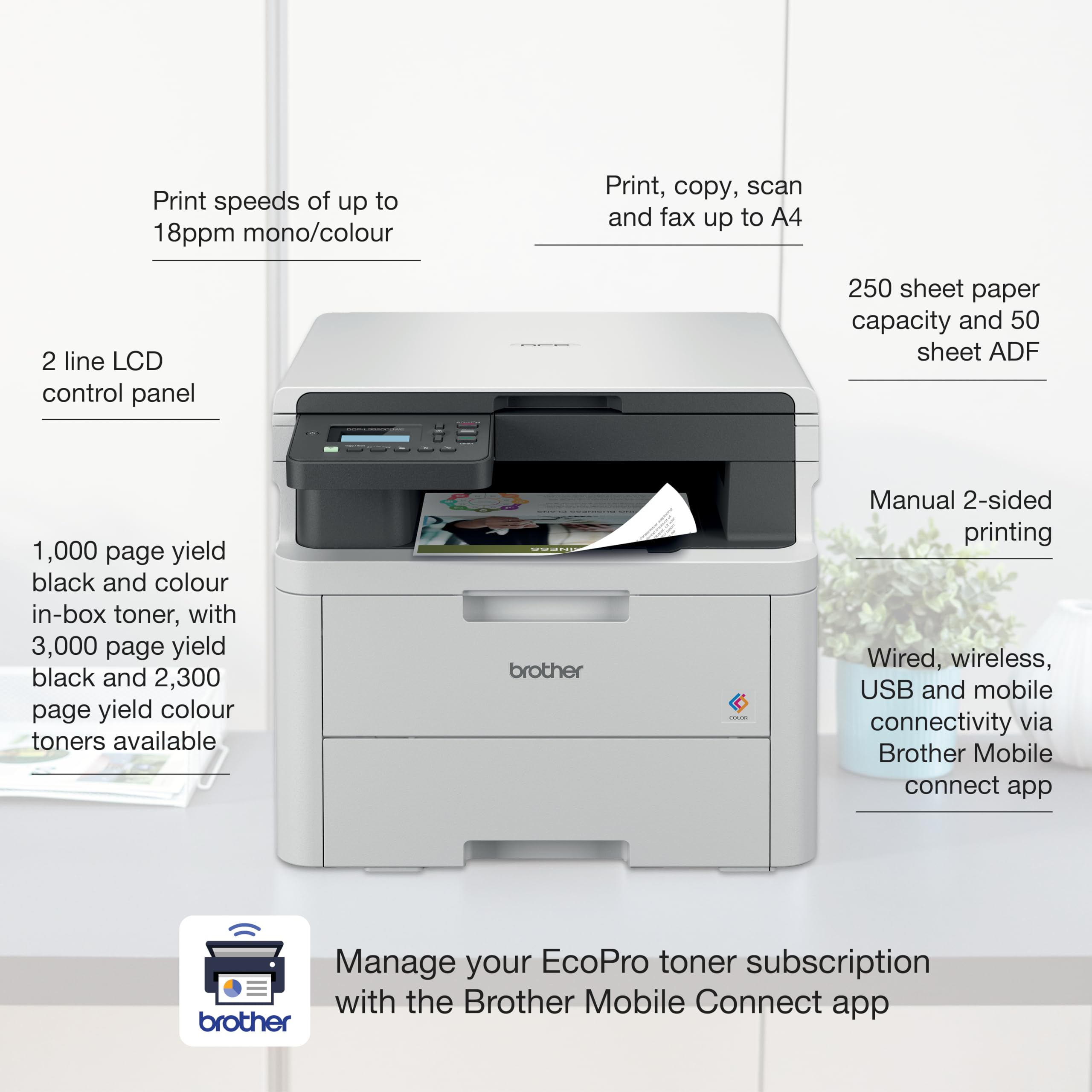 Brother DCP-L3520CDWE Wireless Color Laser Printer | 3-in-1 Print, Copy & Scan | Automatic Toner Delivery with EcoPro Subscription | 4 Month Free Trial | USB 2.0 & A4 Paper Size | Ideal for Home Office & Small Business Printing Needs