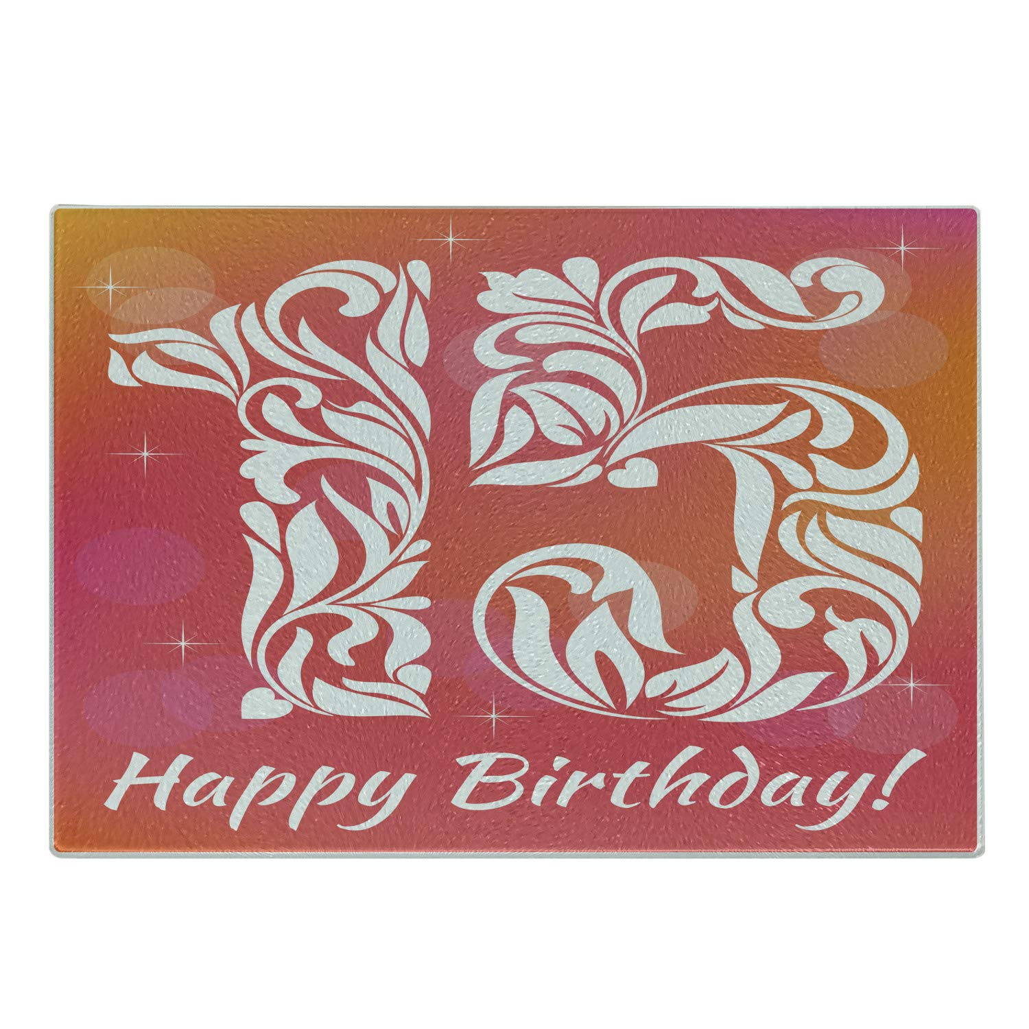 Ambesonne 15th Birthday Cutting Board for Teen Girls - Floral Number Design with Hearts & Stars Print - Pink Orange White Tempered Glass Serving Board - Perfect for Birthday Parties, Kitchen Decor & Gift Giving