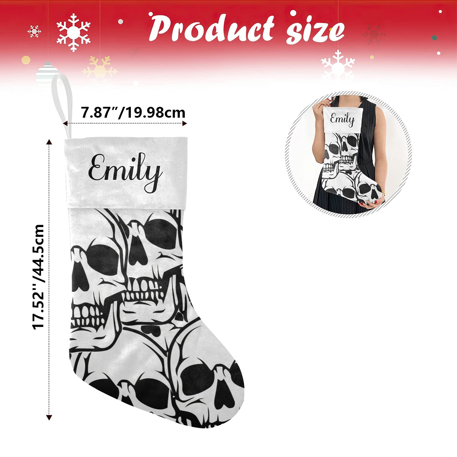 Personalized Black Skull Christmas Stockings - Custom Name Embroidered Holiday Decor (17.52x7.87 Inch) - Perfect for Gothic Xmas, Halloween-Christmas Transition & Alternative Holiday Gift Giving