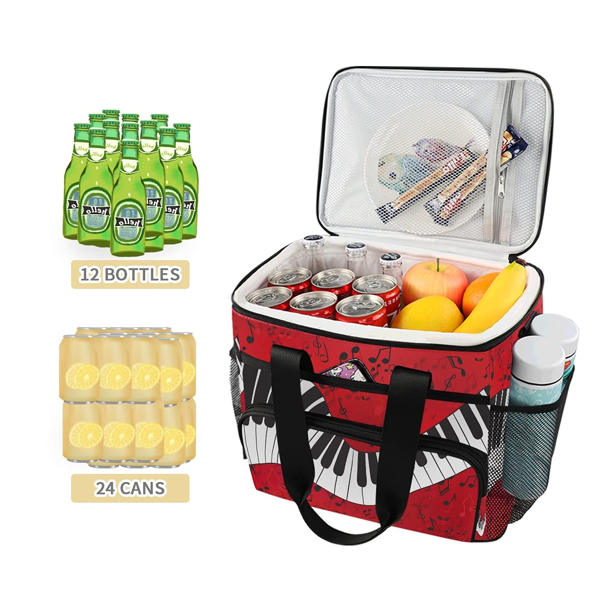 24-Can (15L) Insulated Cooler Lunch Bag with Musical Piano Keys - Leakproof Soft-Sided Cooling Tote for Men & Women - Perfect for Camping, Picnics, BBQs, Beach Trips & Outdoor Adventures