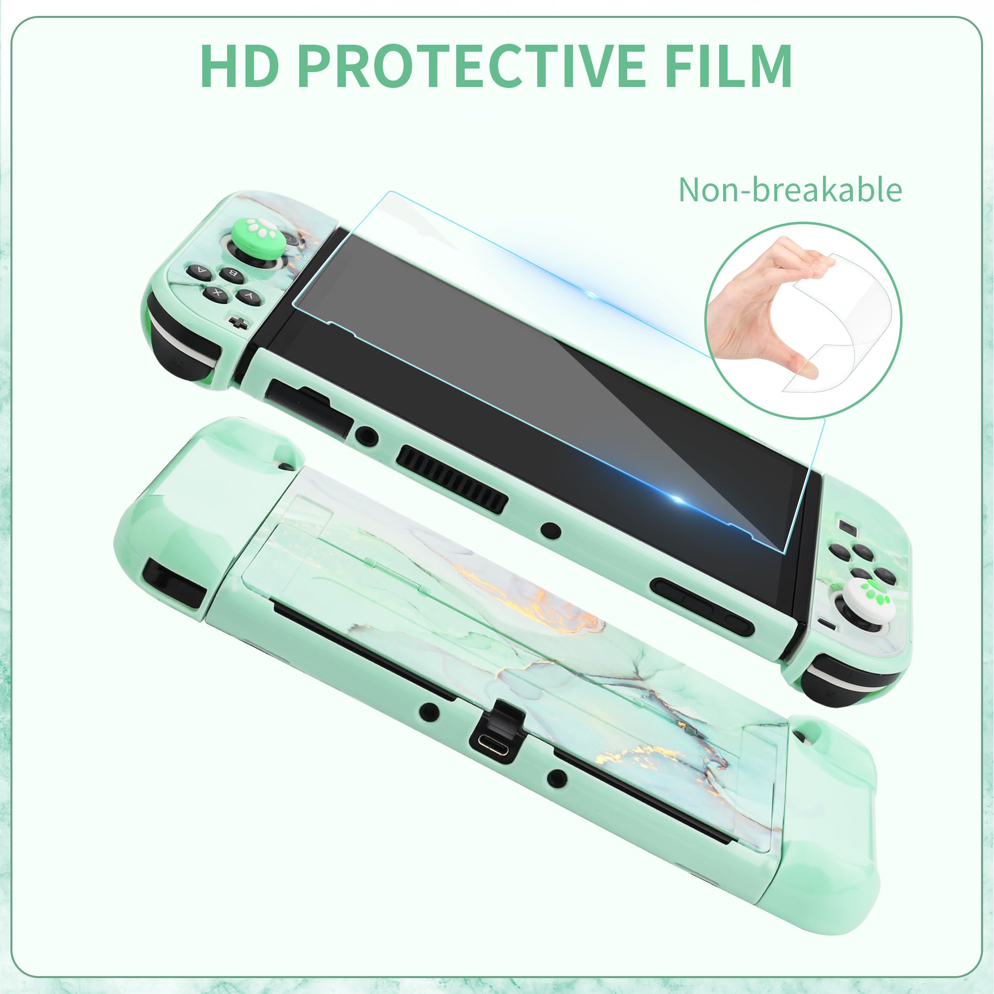 Premium Shockproof Hard Shell Carrying Case for Nintendo Switch OLED - Travel Bag with PC Protective Cover, Screen Protector, Shoulder Strap & 2 Thumb Grips (Green Marble) - Perfect for Gaming on the Go, Travel Protection & Accessory Storage