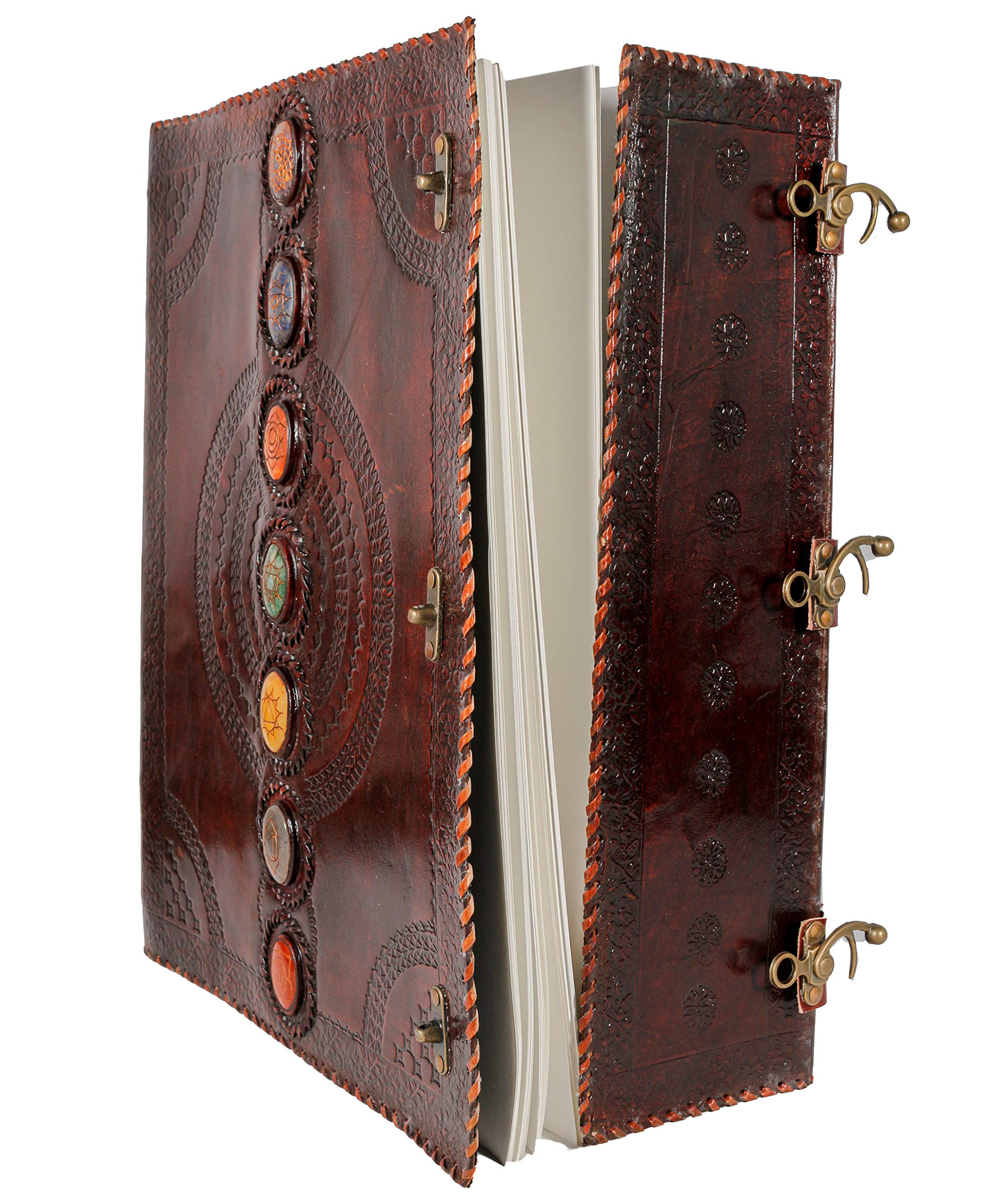 Handmade Leather Journal with Real Stone Seven Chakra Embossing - Medieval Style Book of Shadows, Notebook, Office Diary, Sketchbook (Brown, 14x22 inch) - Perfect for Wiccan Rituals, Poetry Writing & Gift Giving