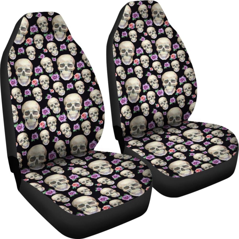 Black Car Seat Covers with Skull & Rose Design - Universal Fit for Cars, Trucks & SUVs - Perfect for Gothic Style & Motorcycle Enthusiasts