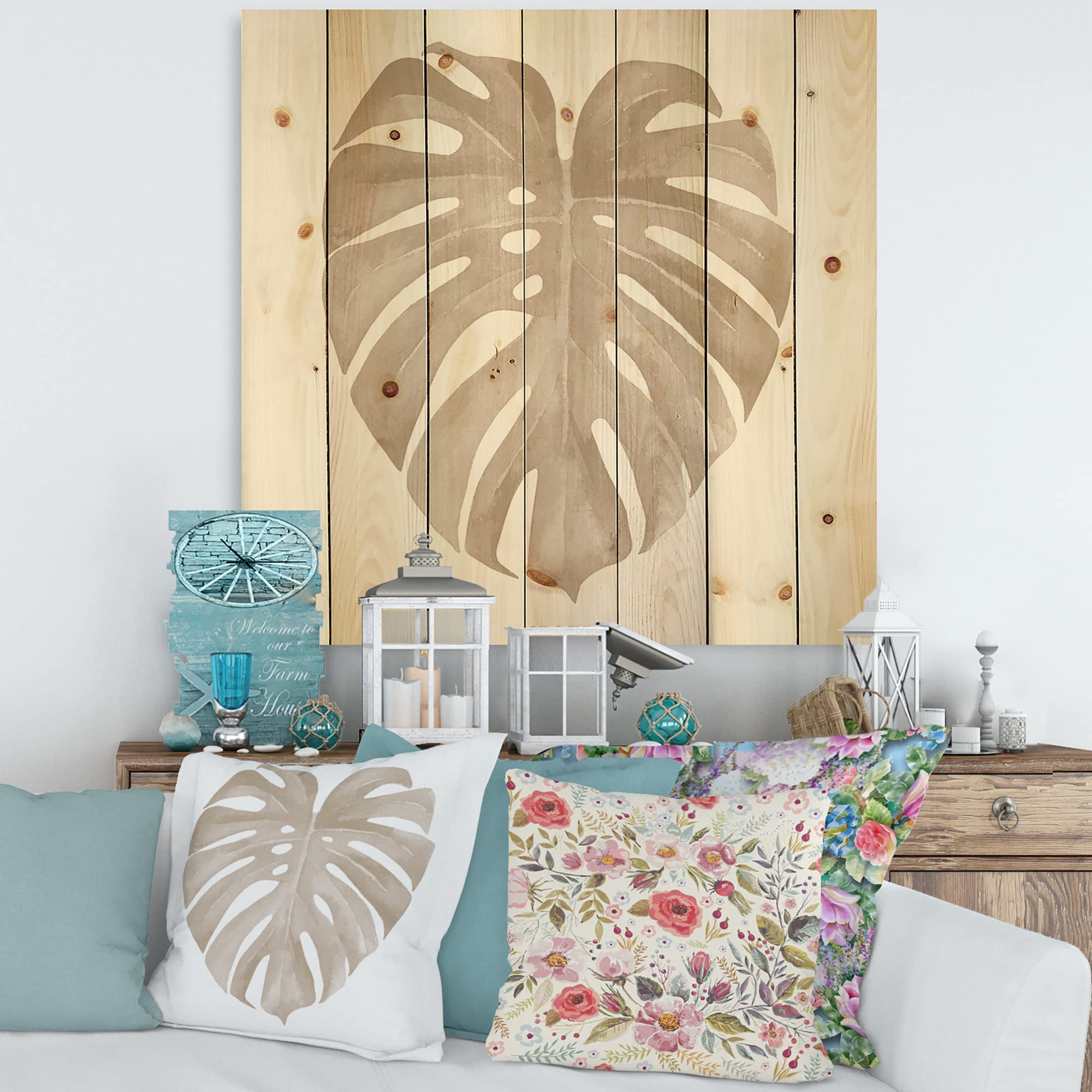 DesignQ Ivory Pastel Monstera Heart-Shaped Tropical Leaf Wood Wall Decor - Beige Wooden Wall Art - Large Floral Pine Wood Wall Panels for Living Room, Bedroom & Office Decor
