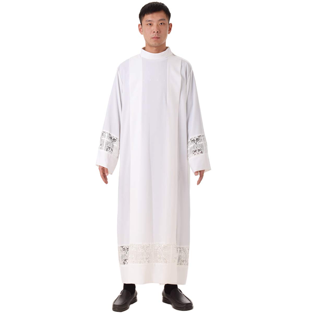 BLESSUME Priest Alb Liturgical Church Garment - White Cross Lace Box Pleated Chasuble for Catholic Mass, Baptism & Communion Ceremonies